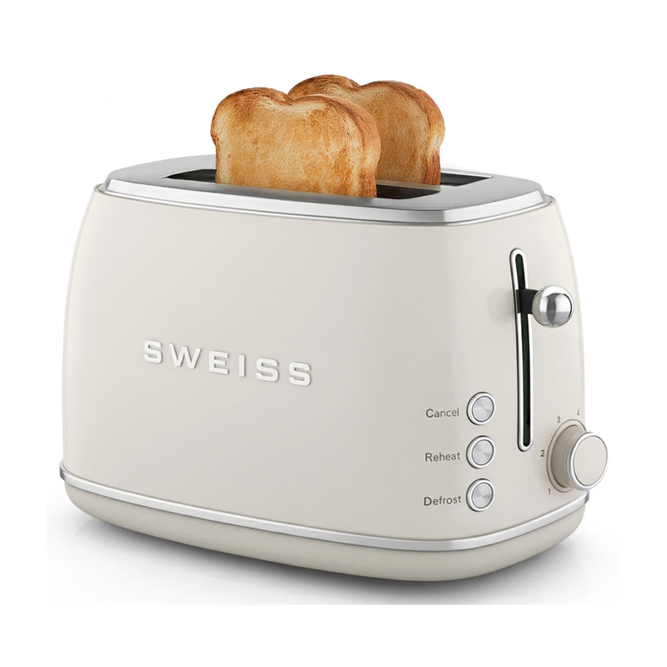 Ein cremefarbener Toaster mit zwei perfekt getoasteten Brotscheiben.