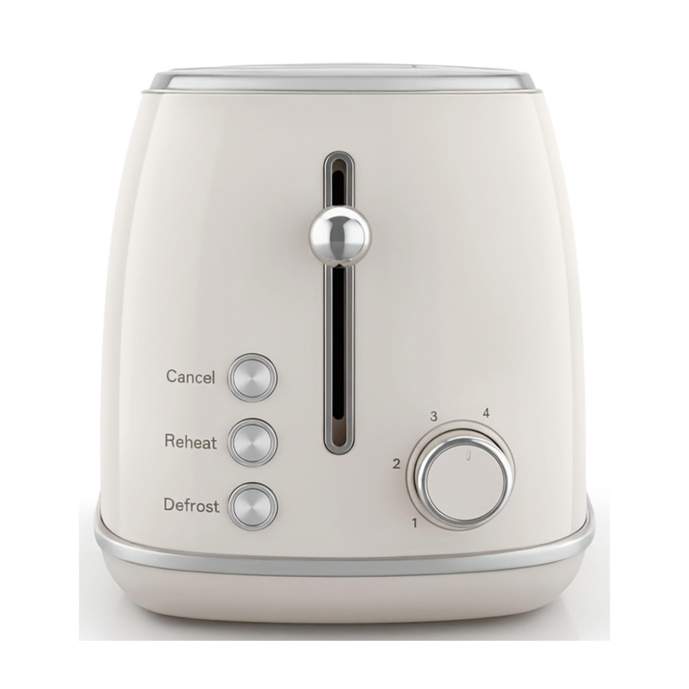 Ein cremefarbener Toaster mit silbernen Bedienelementen und einem Einstellknopf.