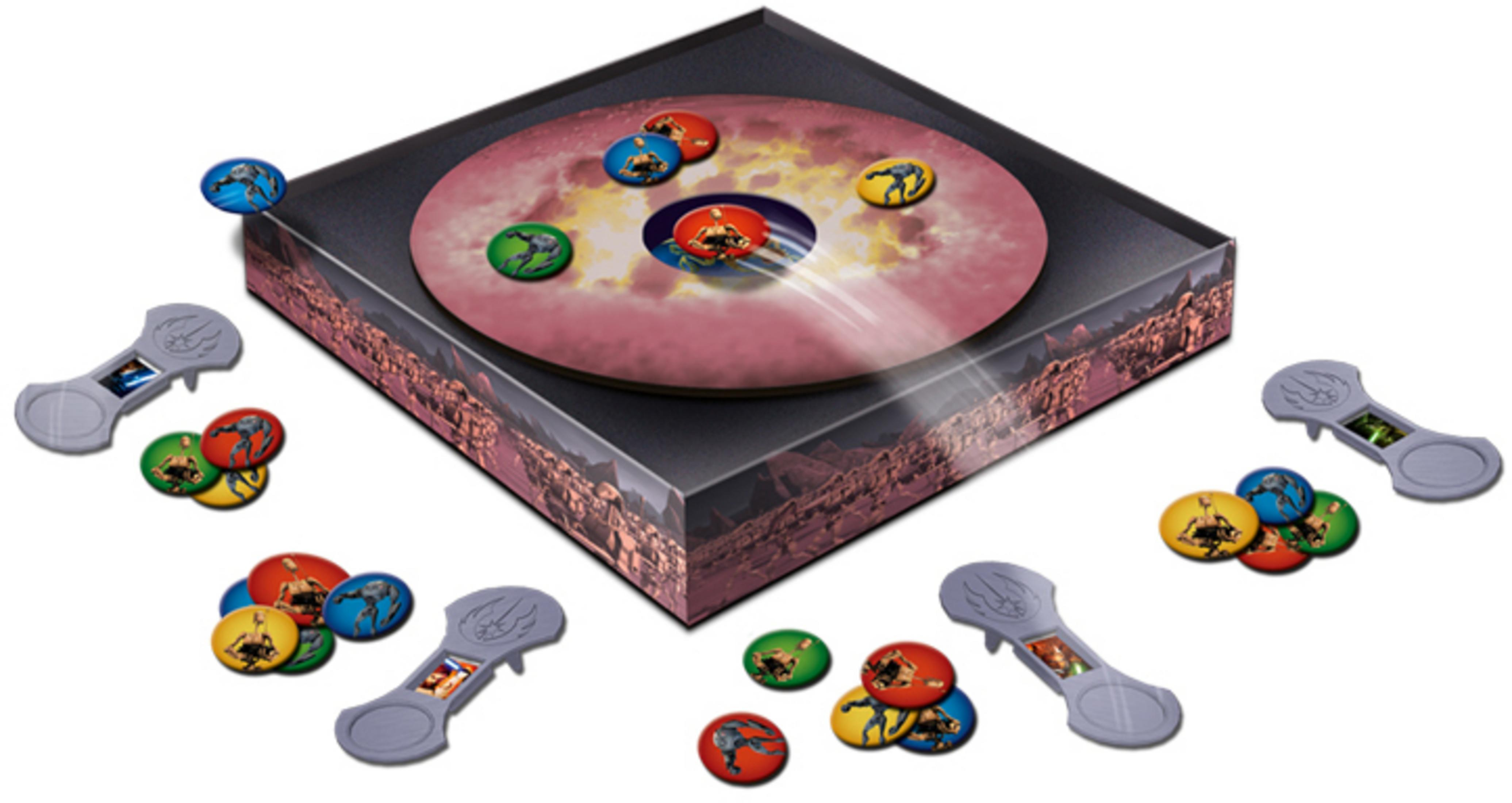 Ein Brettspiel mit bedruckten Spielsteinen und Figuren auf einer rosa Scheibe.
