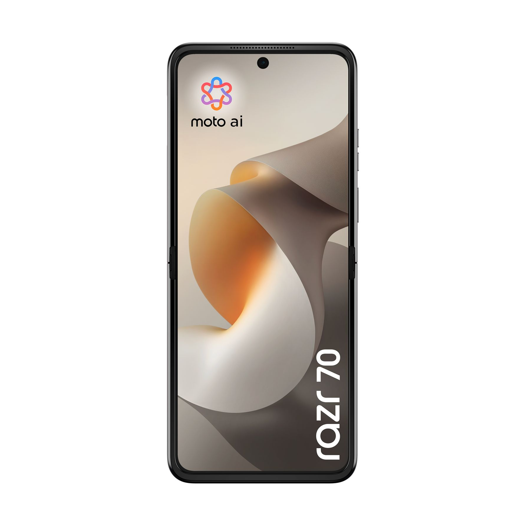 Ein Smartphone mit einem "moto ai" Logo und dem Schriftzug "razr 70" auf dem Bildschirm.