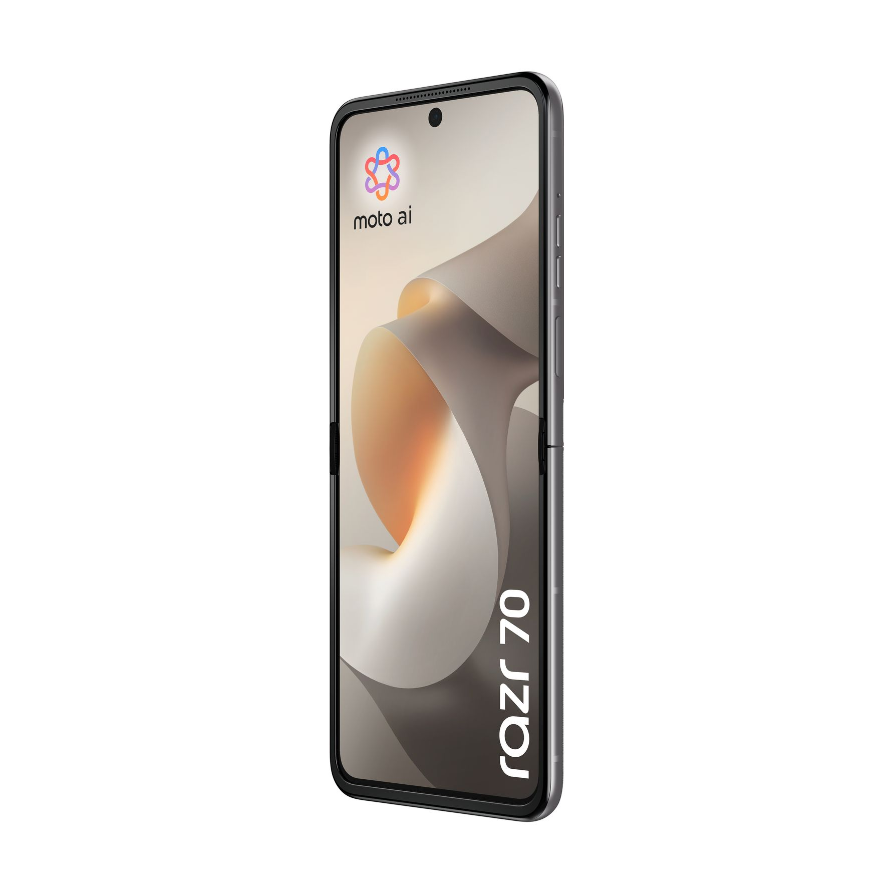 Ein geschlossenes Motorola Razr 70 Smartphone mit einem bunten Logo und Schriftzug.
