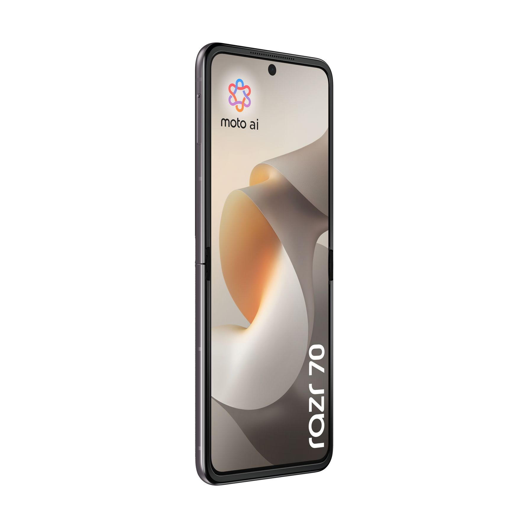 Ein geschlossenes graues Motorola Razr 70 Smartphone mit einem Farbverlauf auf dem Bildschirm.