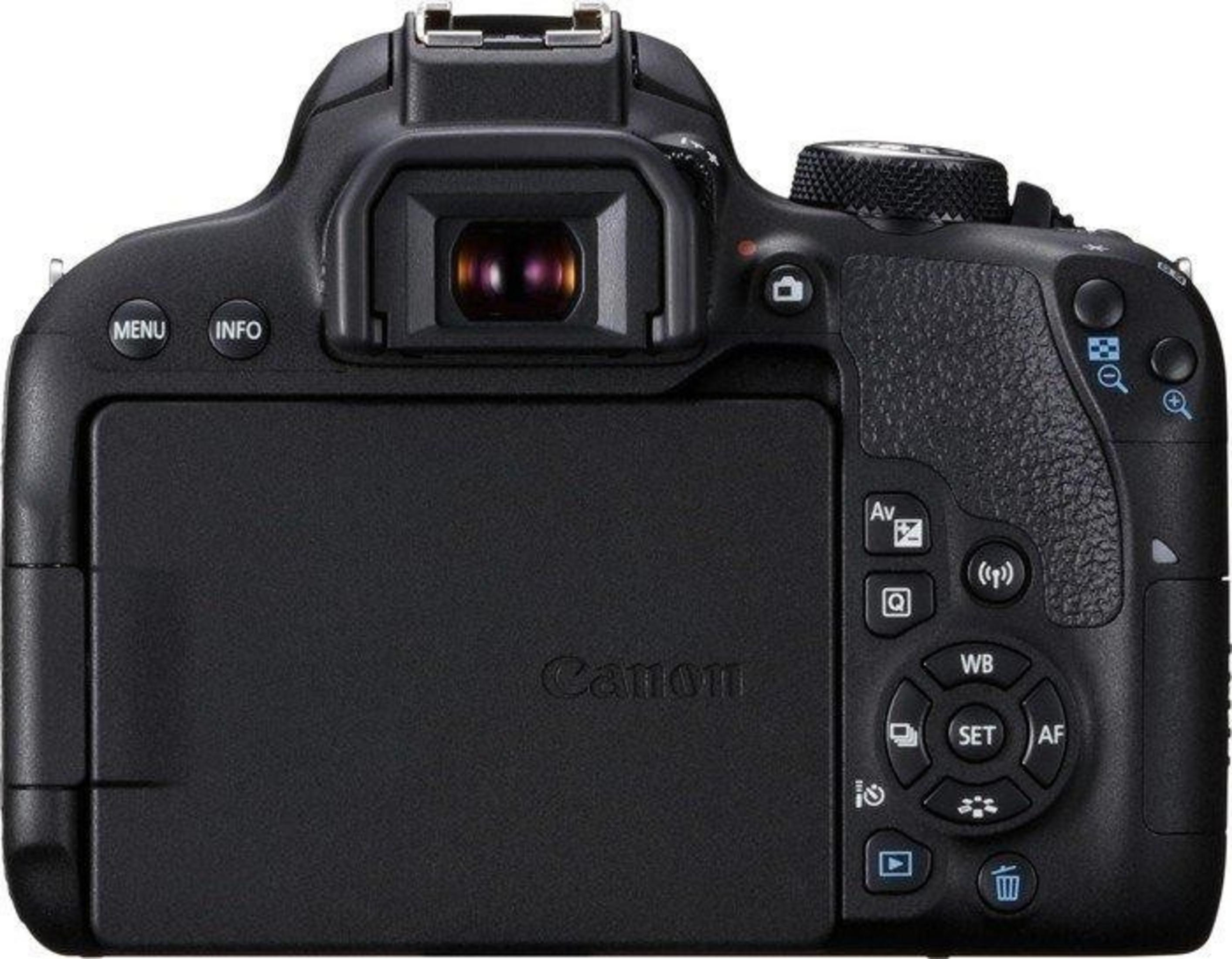 Vista posteriore di una fotocamera reflex Canon nera con pulsanti e schermo LCD.