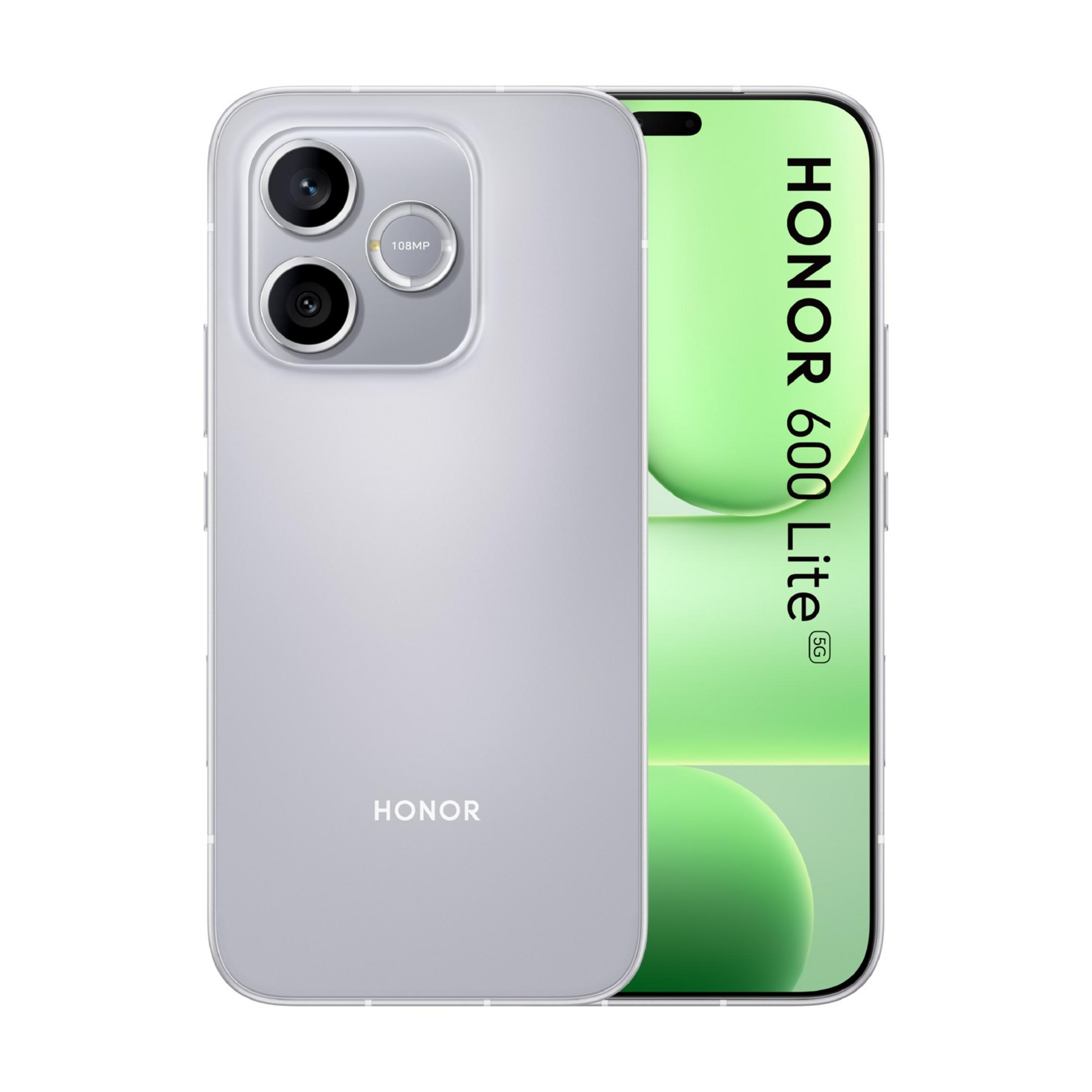Teléfono plateado Honor 600 Lite 5G, vista trasera con cámara dual. Pantalla muestra texto HONOR.