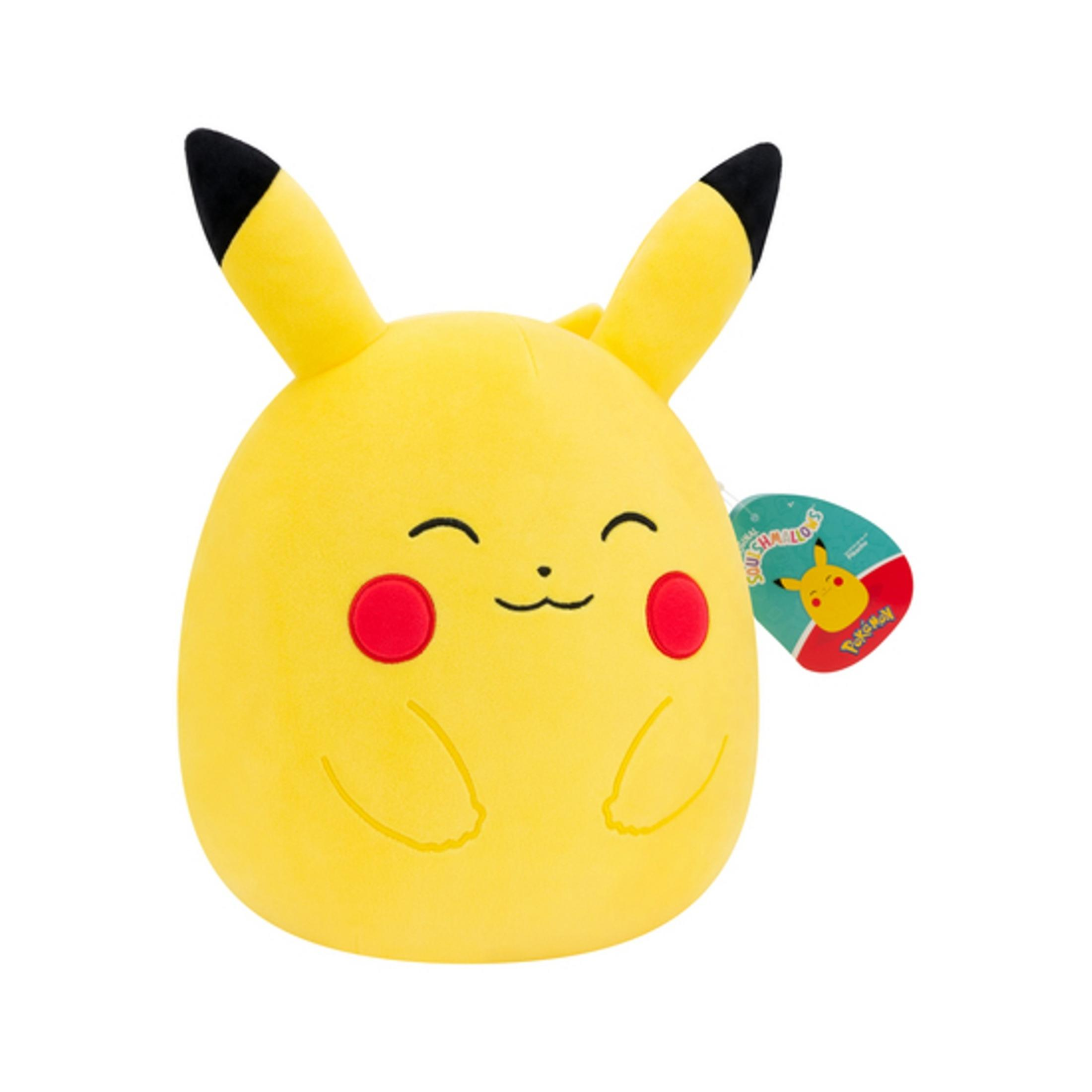 Une peluche Pikachu jaune avec des bouts d'oreilles noirs et des joues rouges.