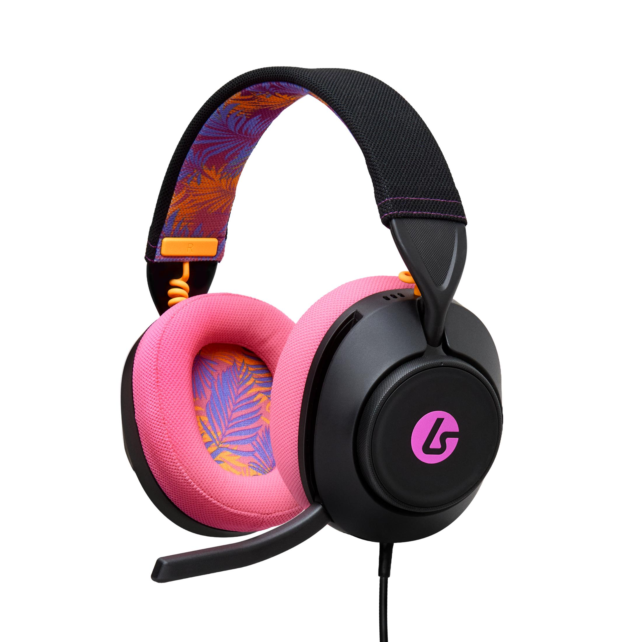 Cuffie nere con padiglioni rosa e motivo a foglie tropicali.