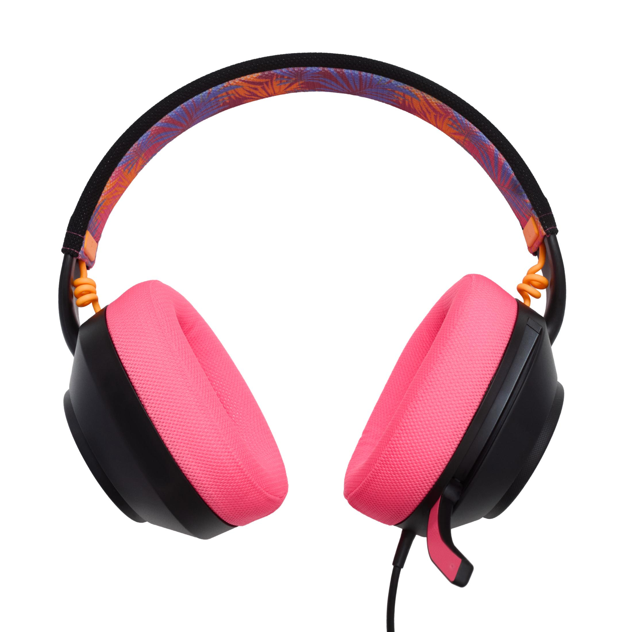 Cuffie over-ear con padiglioni rosa, archetto nero e motivo colorato.