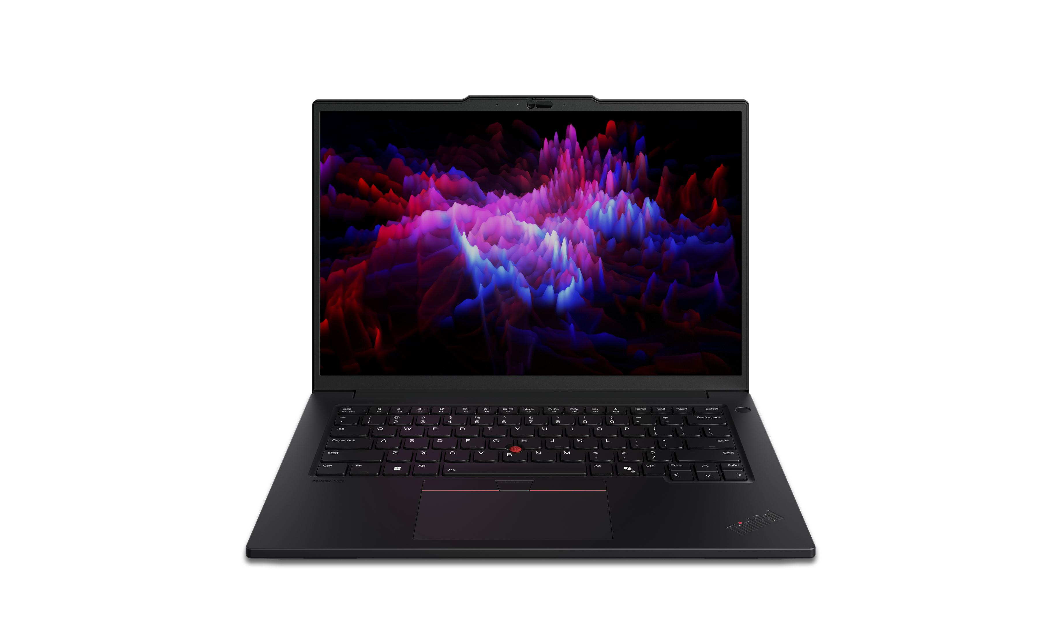Ein schwarzer Lenovo ThinkPad Laptop ist geöffnet und zeigt ein lebendiges, abstraktes Hintergrundbild auf dem Bildschirm.