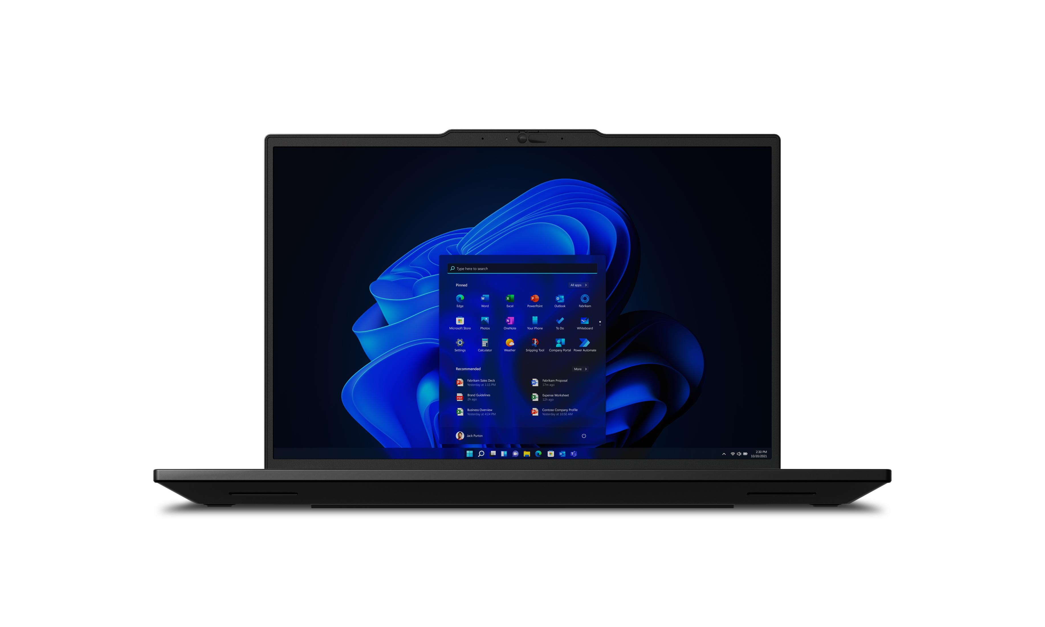 Ein schwarzer Laptop mit einem geöffneten Startmenü von Windows 11.
