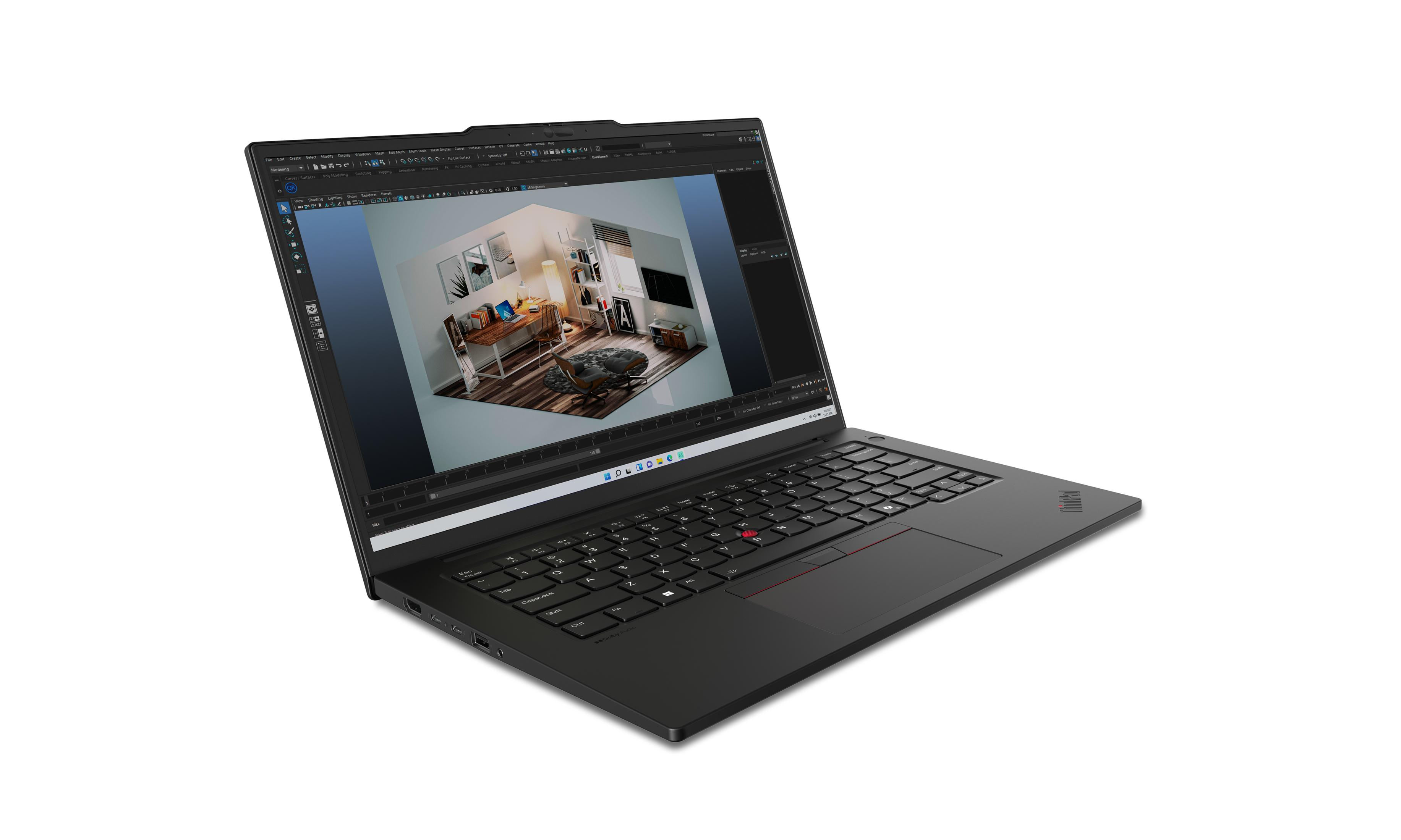 Schwarzer Laptop geöffnet, zeigt ein 3D-Rendering eines Raumes auf dem Bildschirm. Weißer Hintergrund.