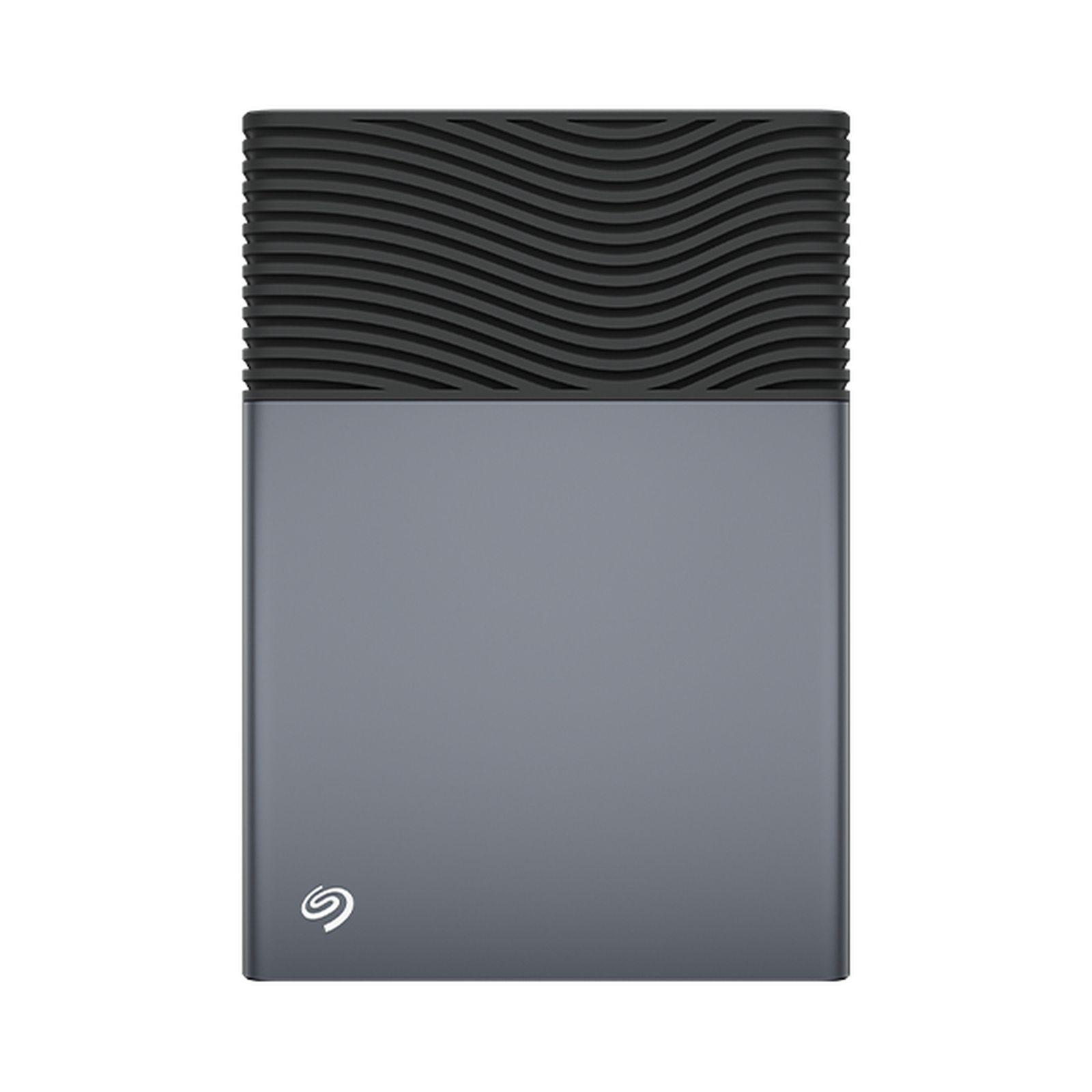 Graue externe Festplatte mit schwarzer welliger Oberseite. Seagate-Logo vorne.