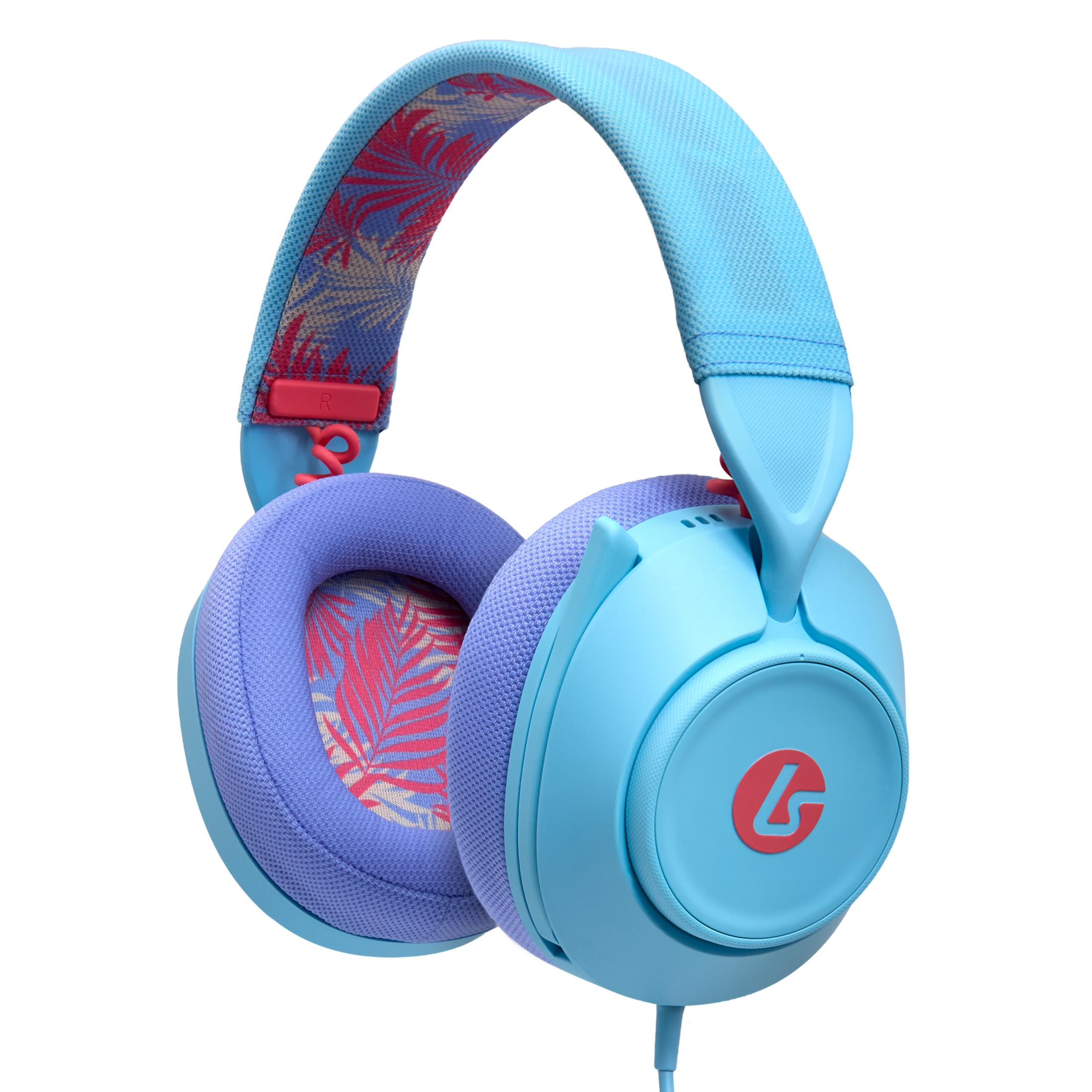 Cuffie blu con motivo tropicale su padiglioni e fascia.
