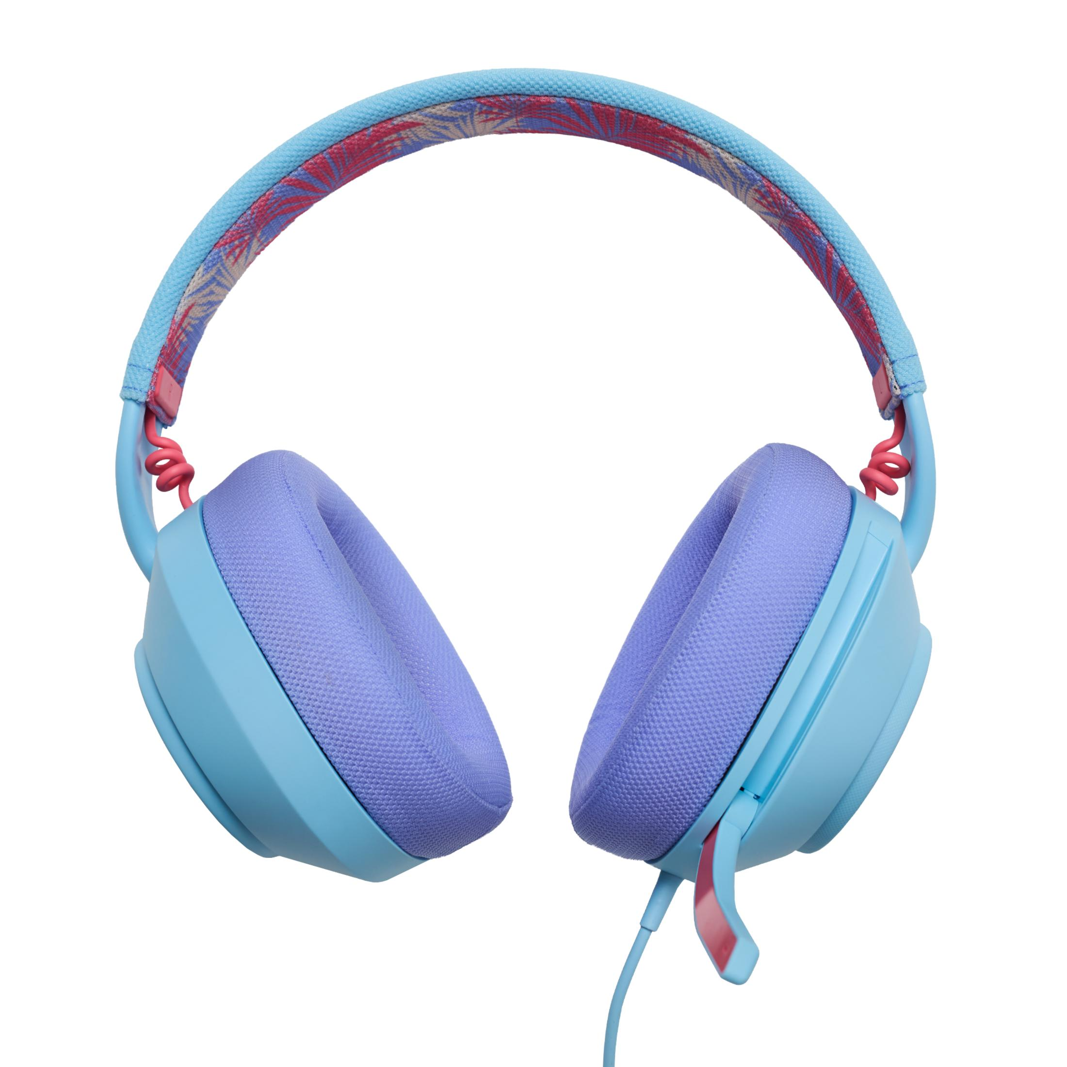 Cuffie azzurro chiaro con padiglioni viola e archetto tropicale.