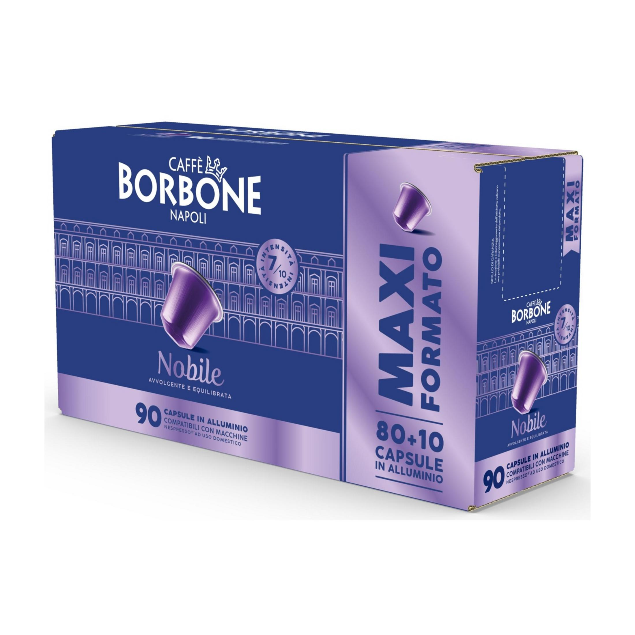 Una scatola di capsule caffè Borbone Nobile, 90 capsule. Capsule viola.