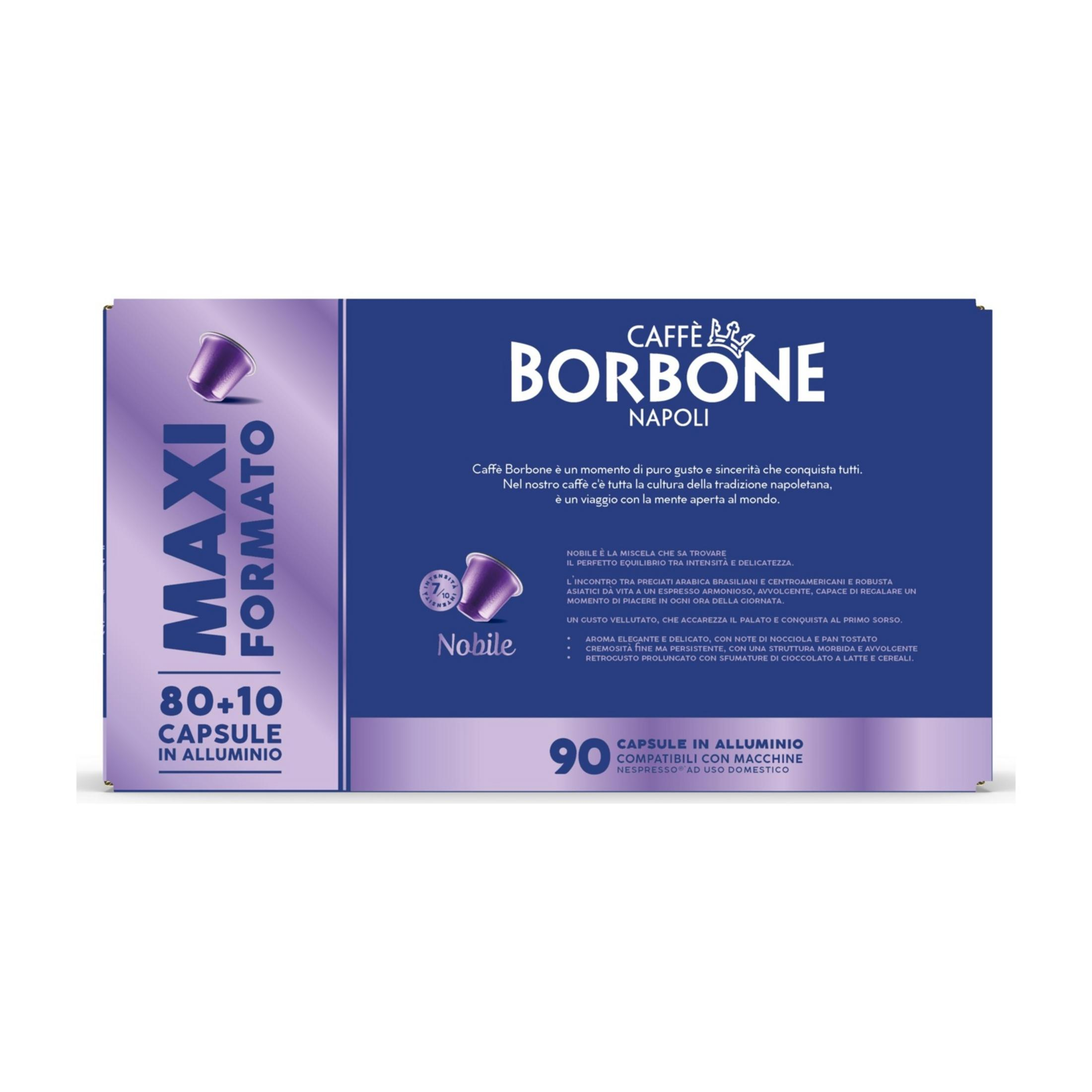 Confezione da 90+10 capsule caffè in alluminio, varietà Nobile Caffè Borbone.