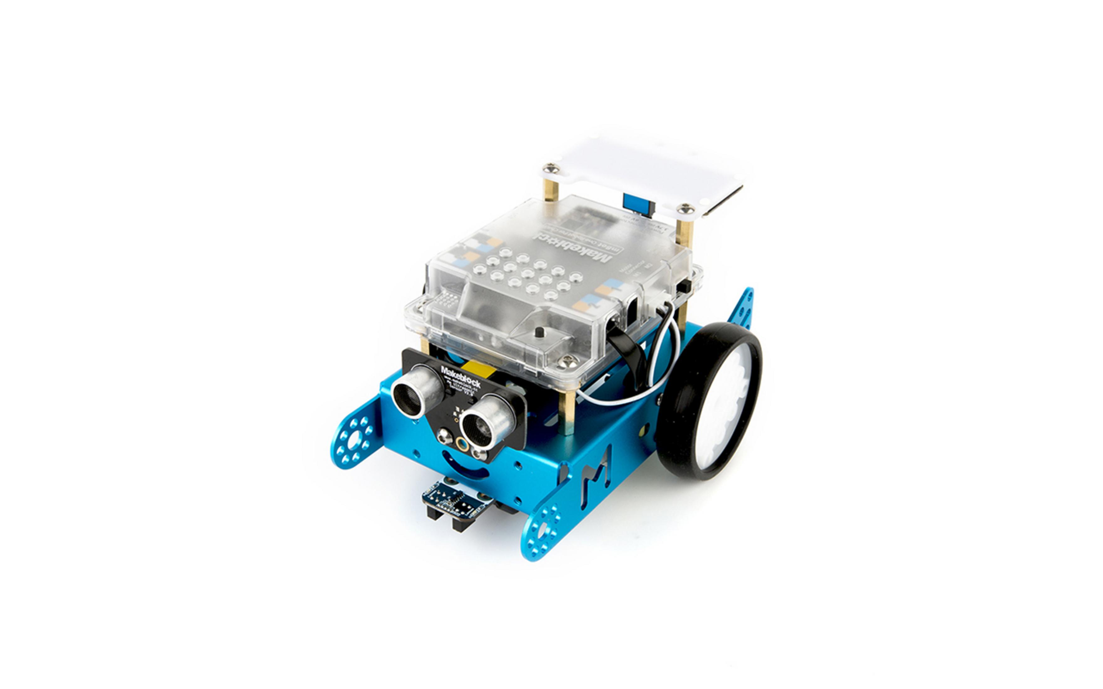 Ein blauer Roboter mit Rädern, Sensoren und einer durchsichtigen Abdeckung.