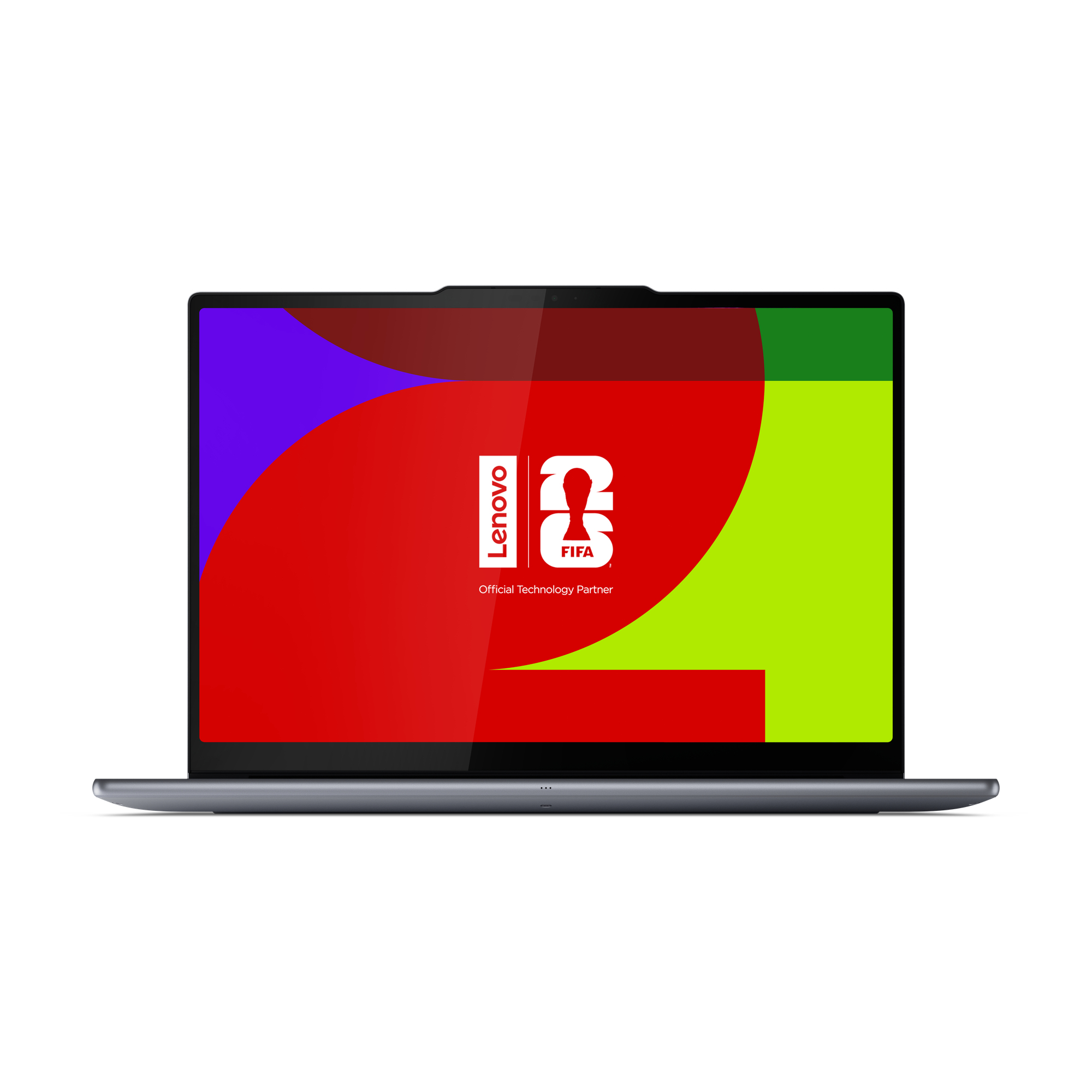 Ein Laptop mit einem bunten Hintergrund, Lenovo und FIFA Logo.
