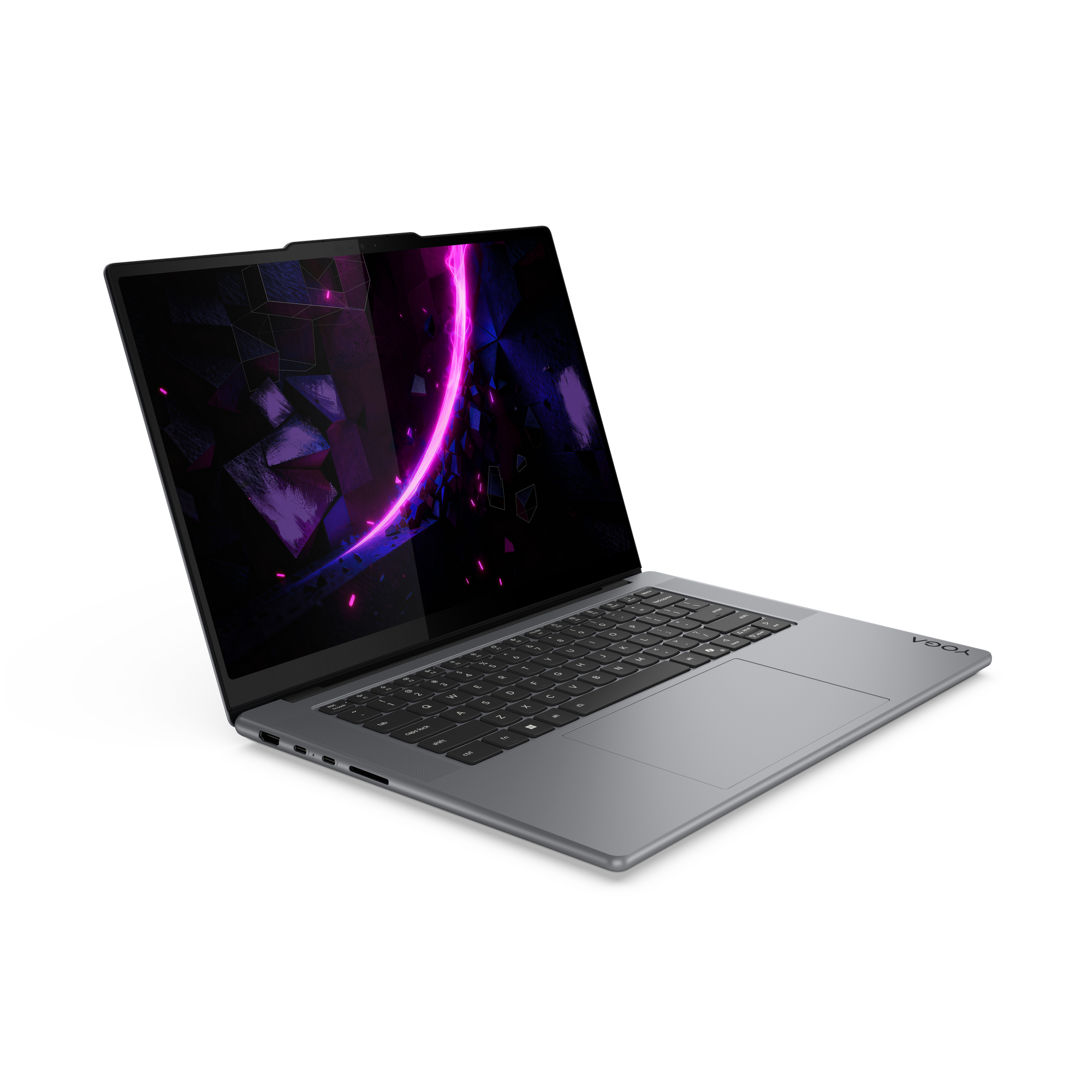 Grauer Laptop mit beleuchtetem Bildschirm, der ein abstraktes Muster zeigt.