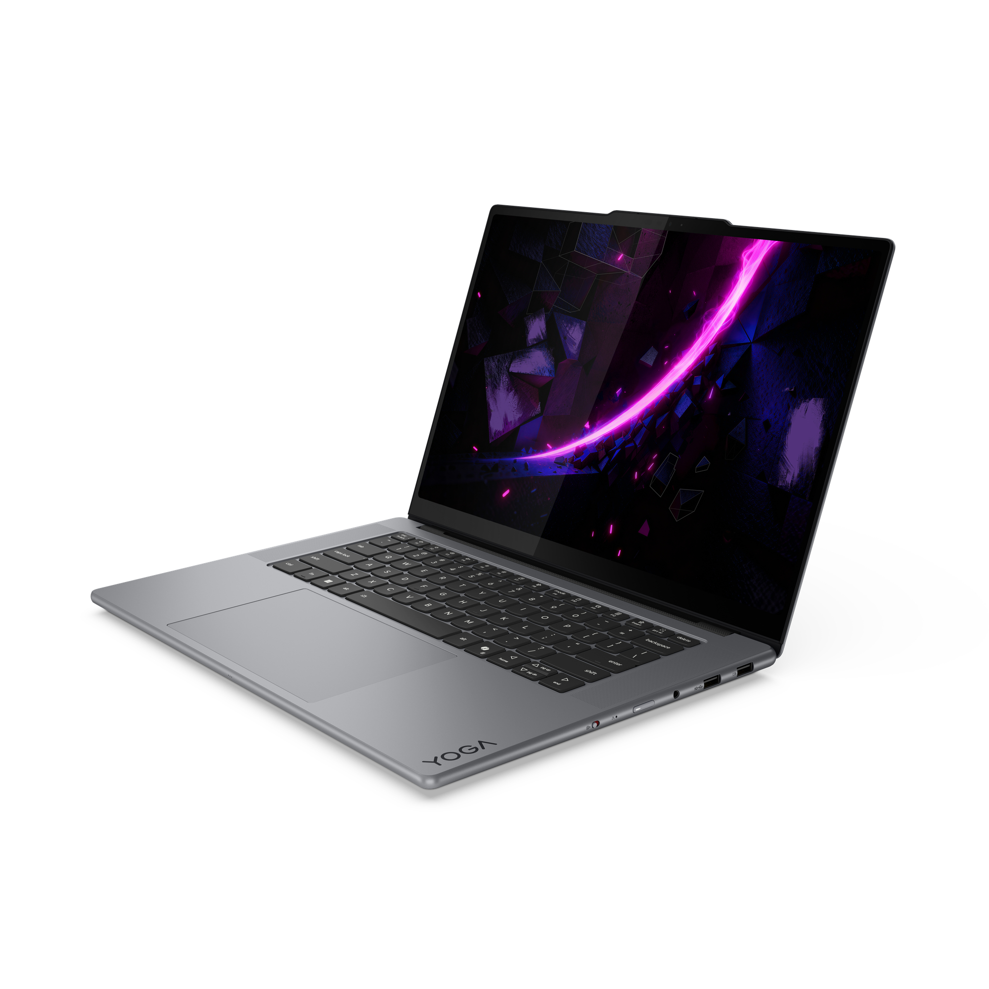 Ein graues Yoga-Laptop mit leuchtendem pink-blauem Hintergrund auf dem Bildschirm.