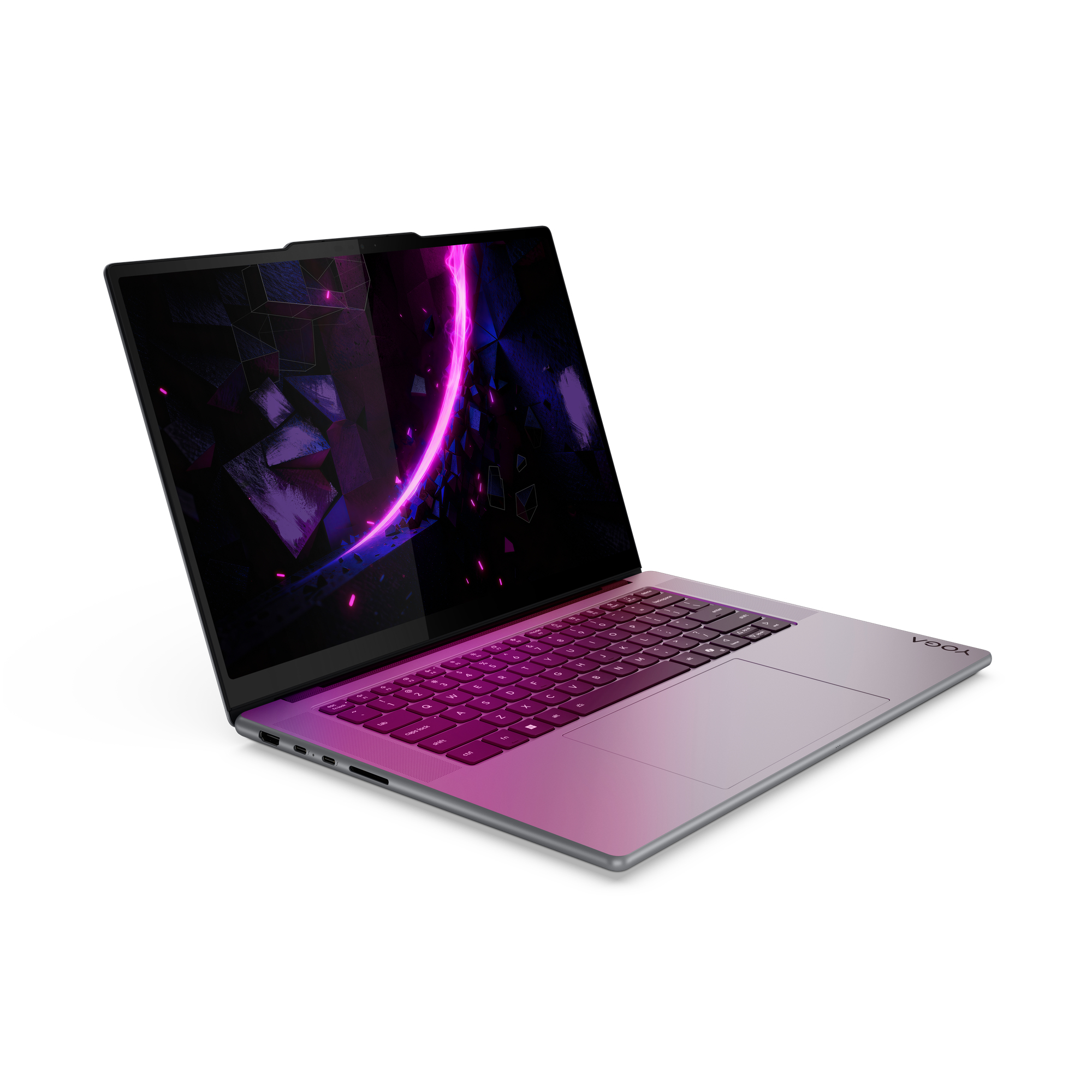 Ein geöffneter Laptop mit einem violetten, abstrakten Hintergrund auf dem Bildschirm.