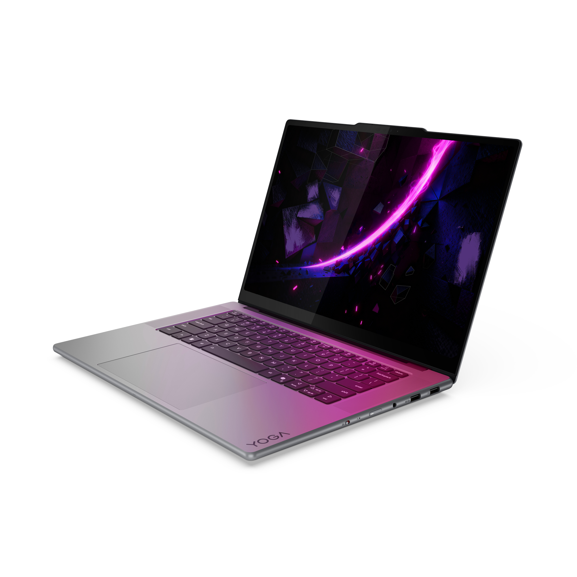 Ein offenes graues Yoga-Laptop mit pinker Tastatur und Bildschirm.