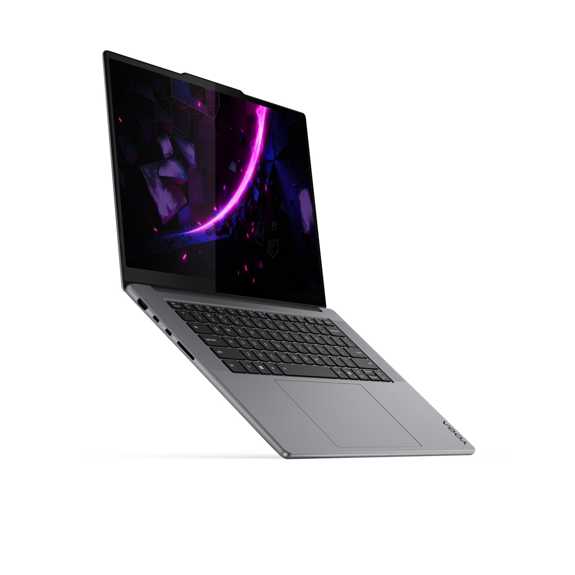 Ein graues Laptop mit einem violetten und schwarzen Hintergrundbild wird gezeigt.