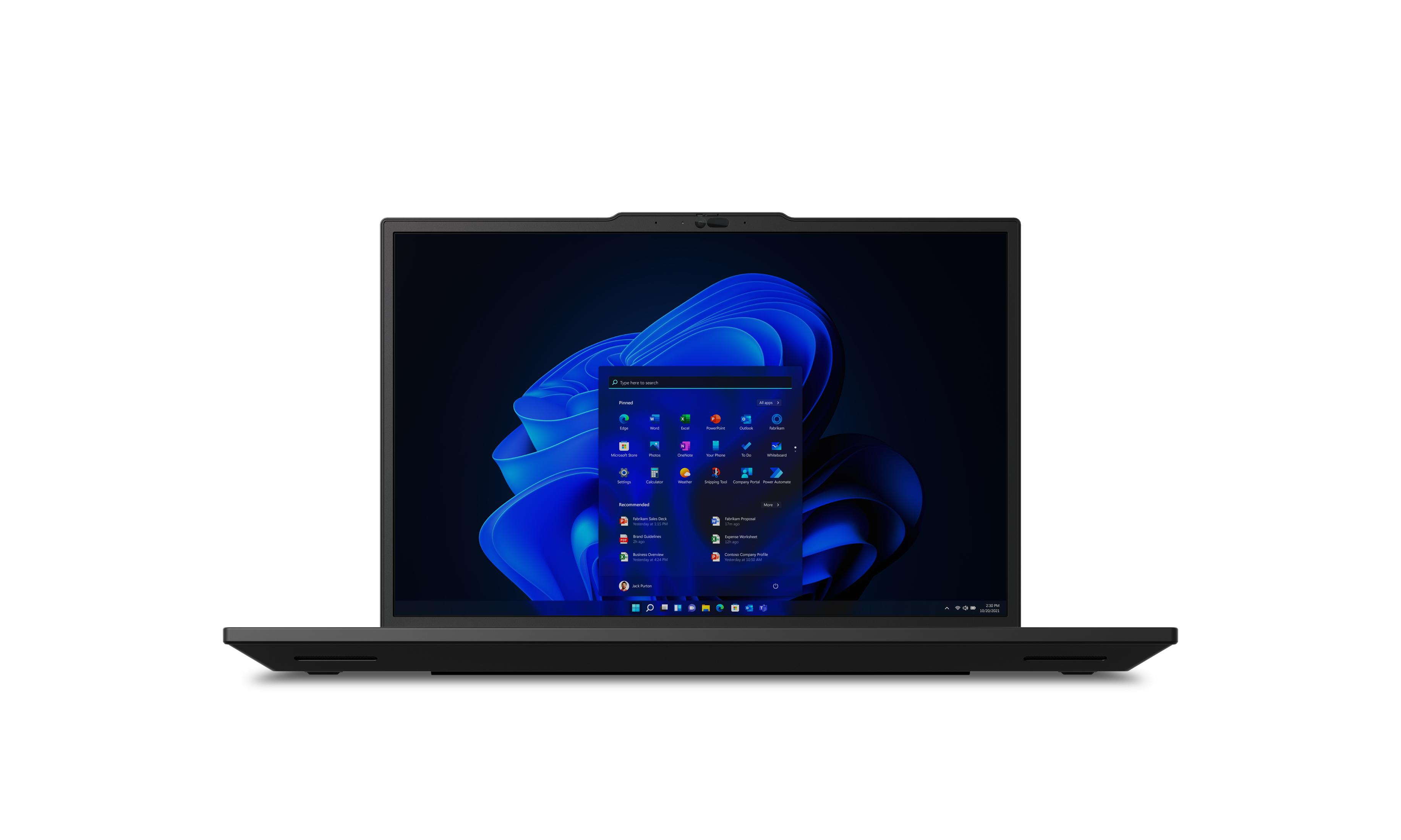 Ein schwarzer Laptop mit einem geöffneten Startmenü von Windows 11 im Vollbildmodus.
