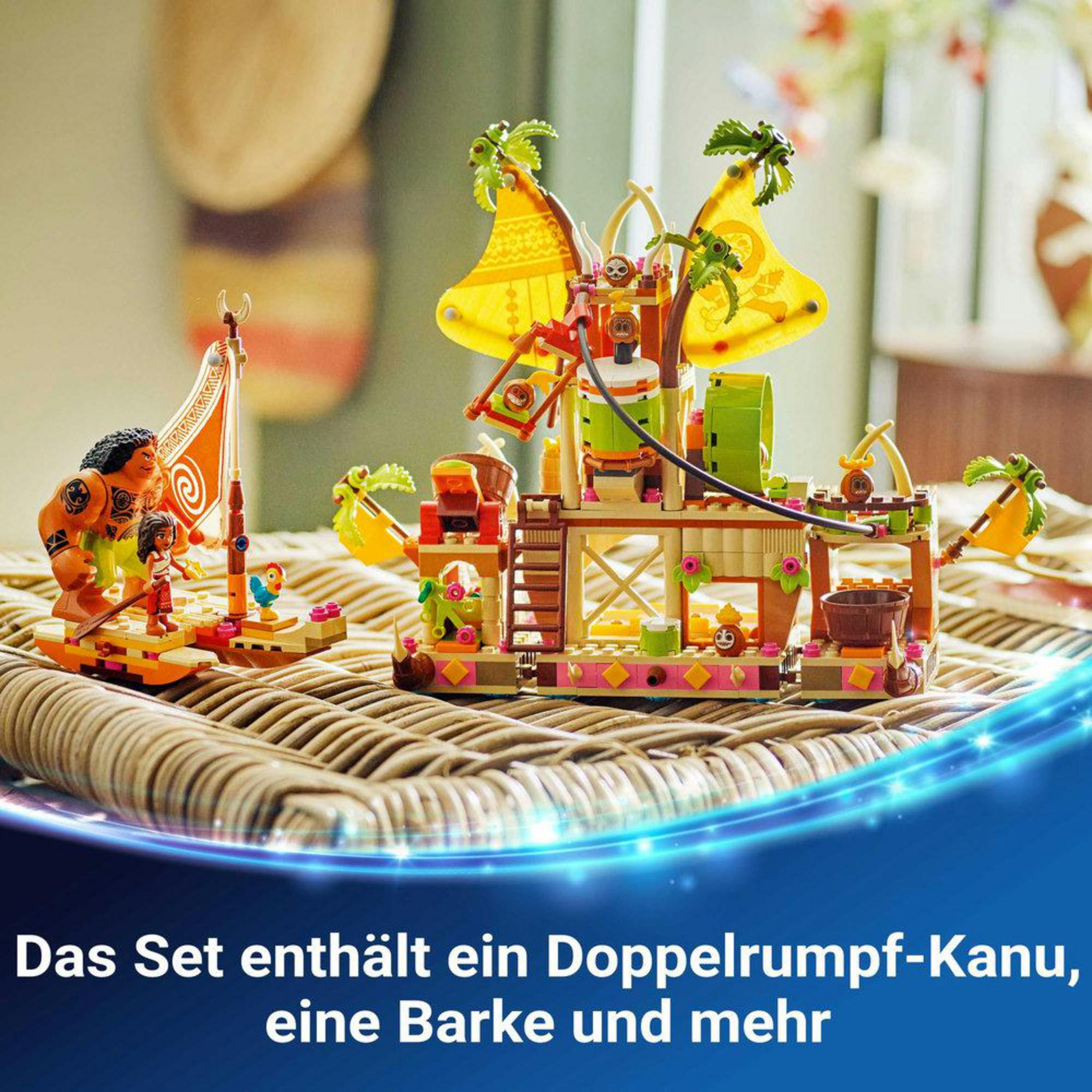 Set Lego Moana con Maui, Moana, Pua y Heihei en canoa catamarán e isla.