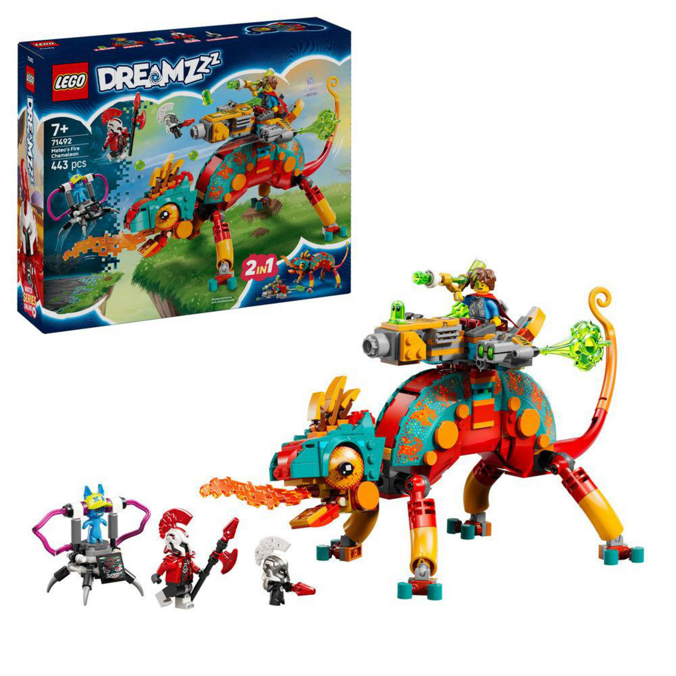 Set LEGO DREAMZzz con un camaleón rojo y turquesa, 3 minifiguras y un robot araña.