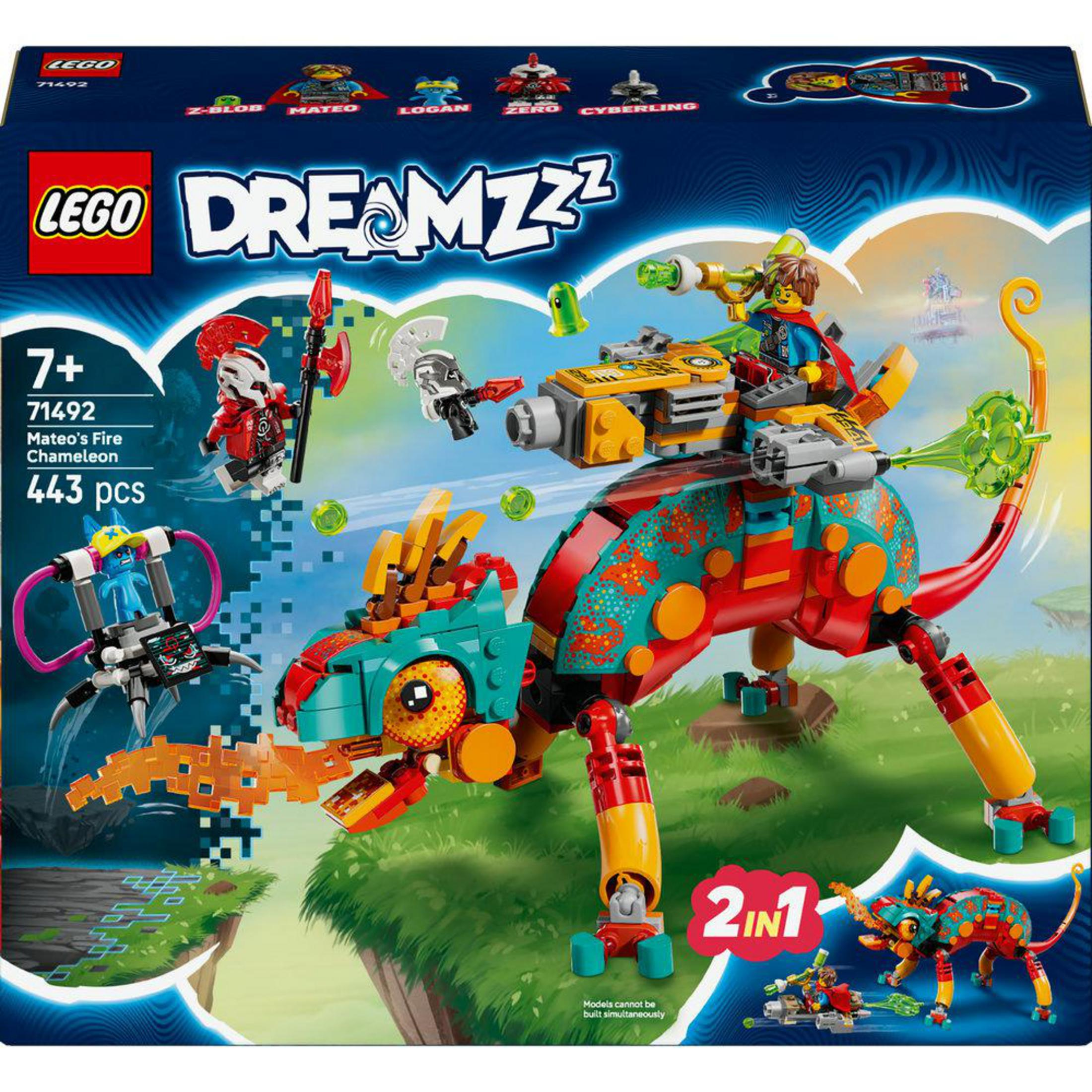 Caja LEGO Dreamzzz con figura de camaleón de fuego y minifiguras.