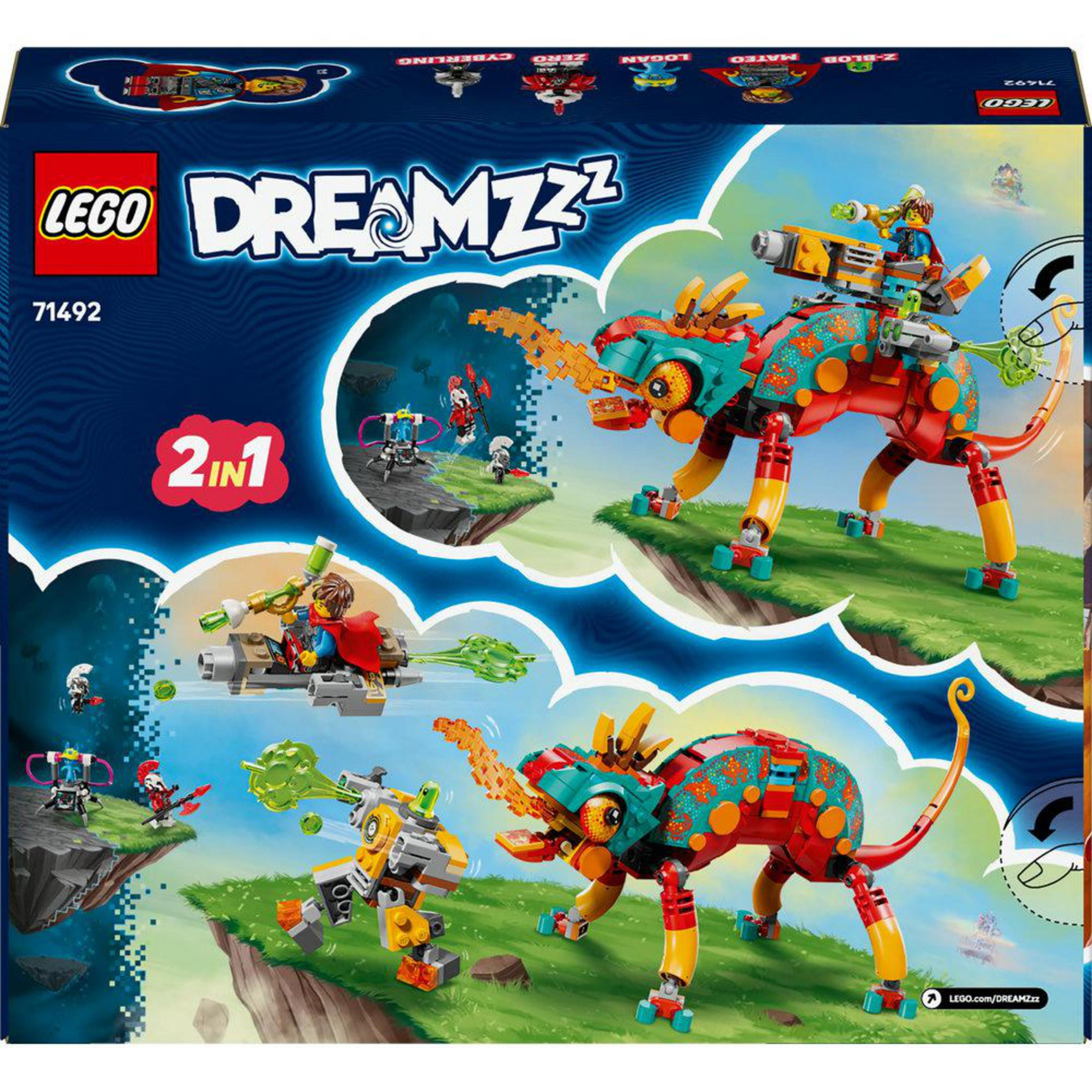 Set Lego Dreamzz 71492 con dos criaturas construibles y figuras en islas flotantes.