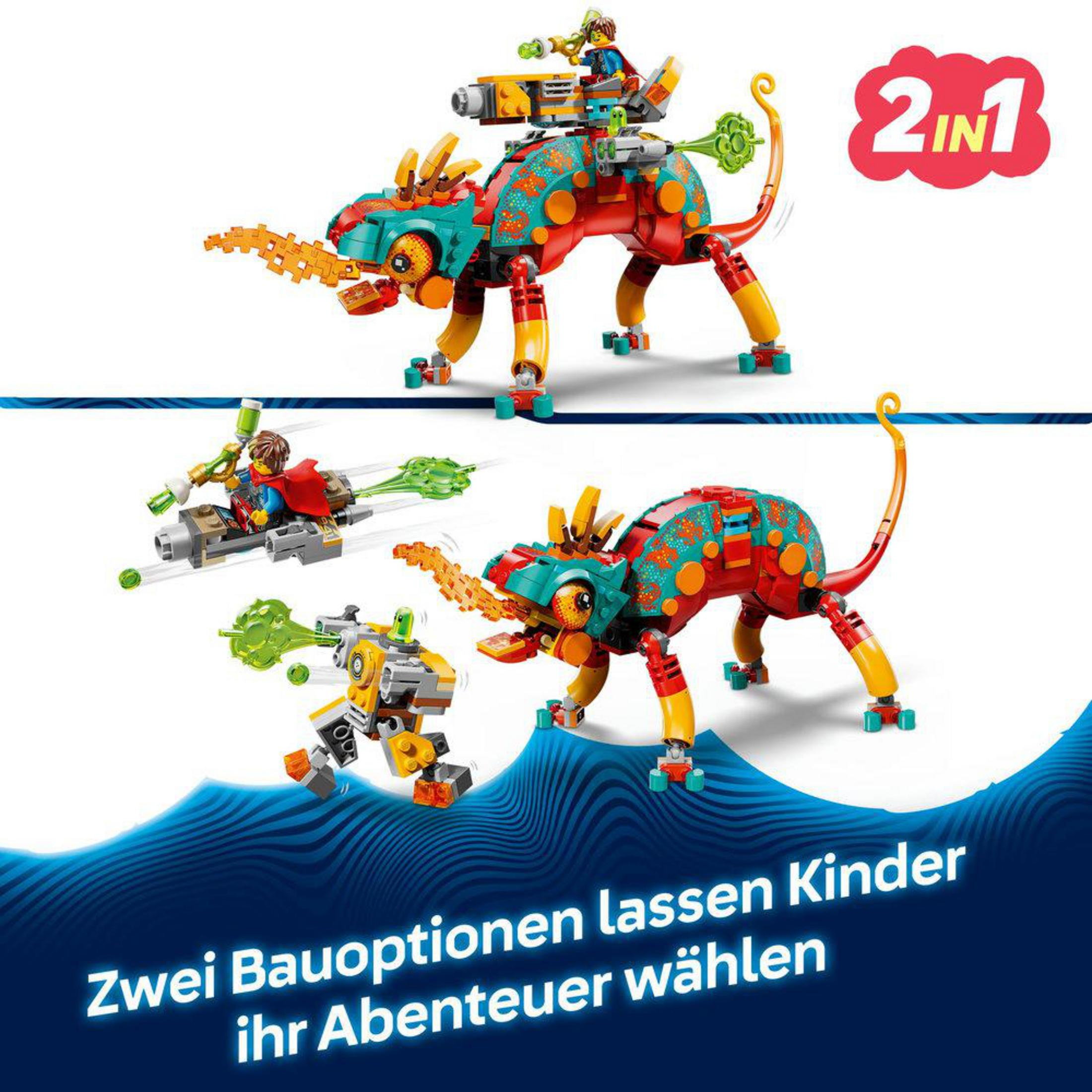 Dos opciones de construcción Lego: un dragón con jinete y un mecha.