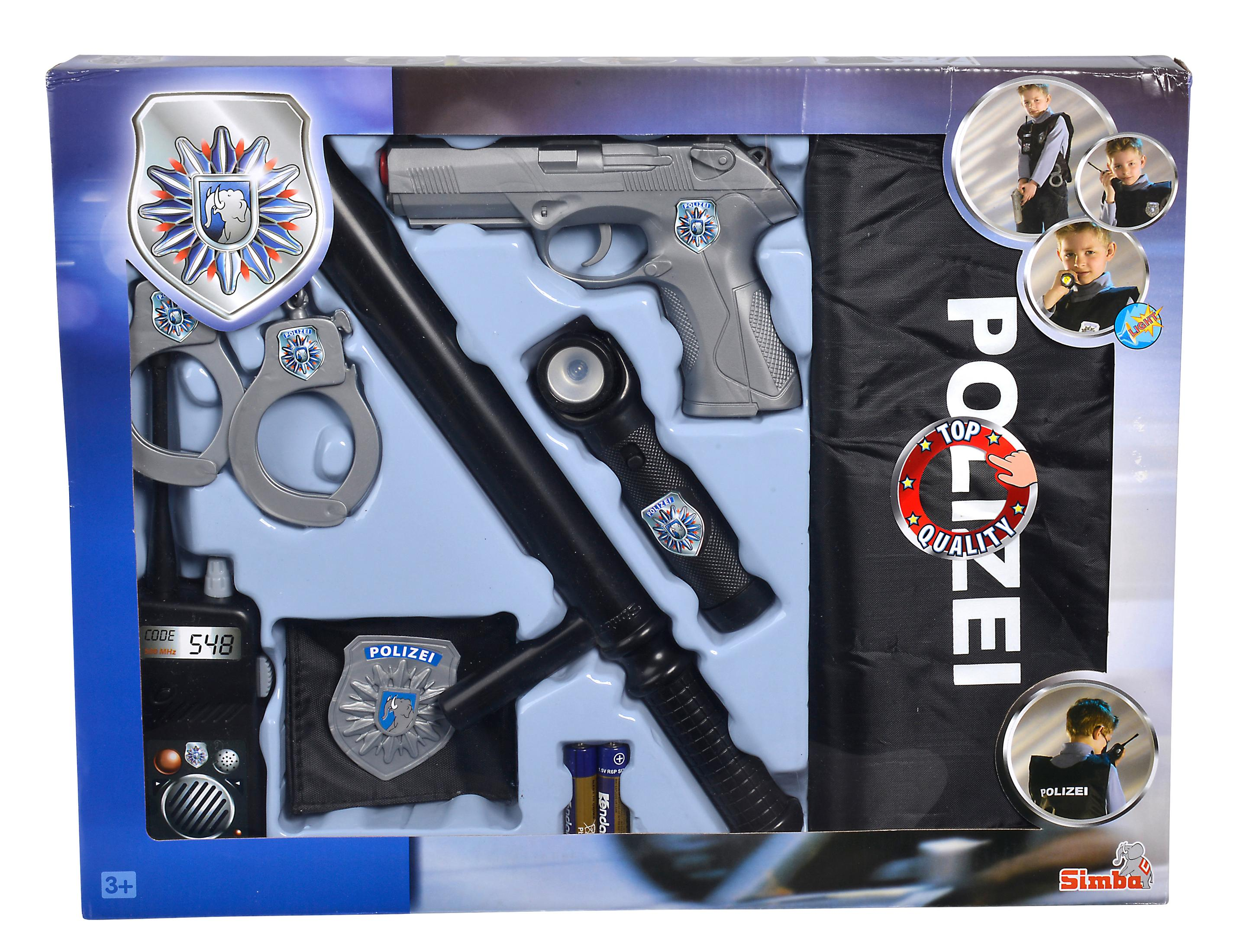 Polizei-Spielset mit Pistole, Handschellen, Schlagstock, Funkgerät und Abzeichen.