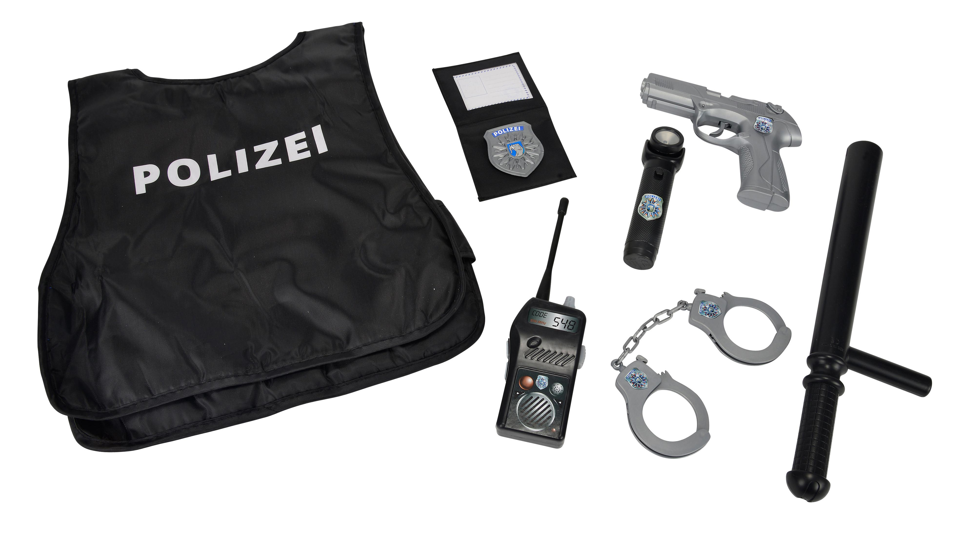 Polizei-Spielzeug: Weste, Abzeichen, Pistole, Taschenlampe, Funkgerät, Handschellen, Schlagstock.
