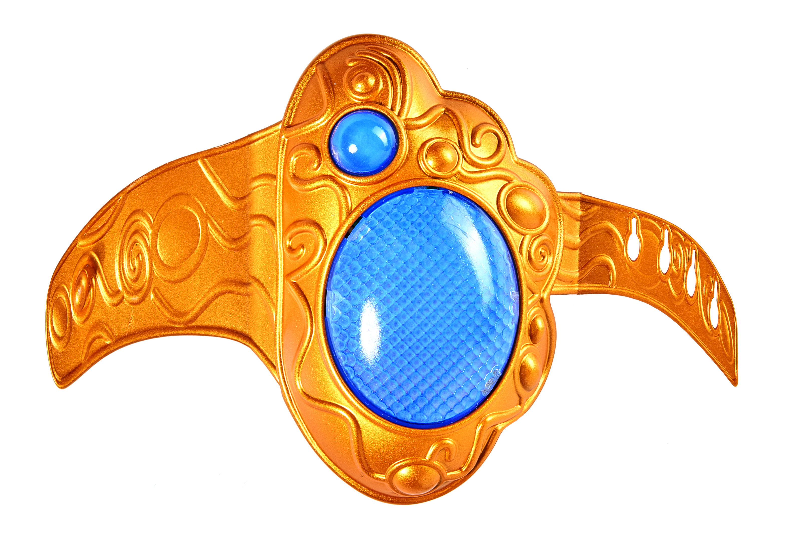 Ein goldenes Diadem mit blauen Edelsteinen und Verzierungen, auf weißem Hintergrund.