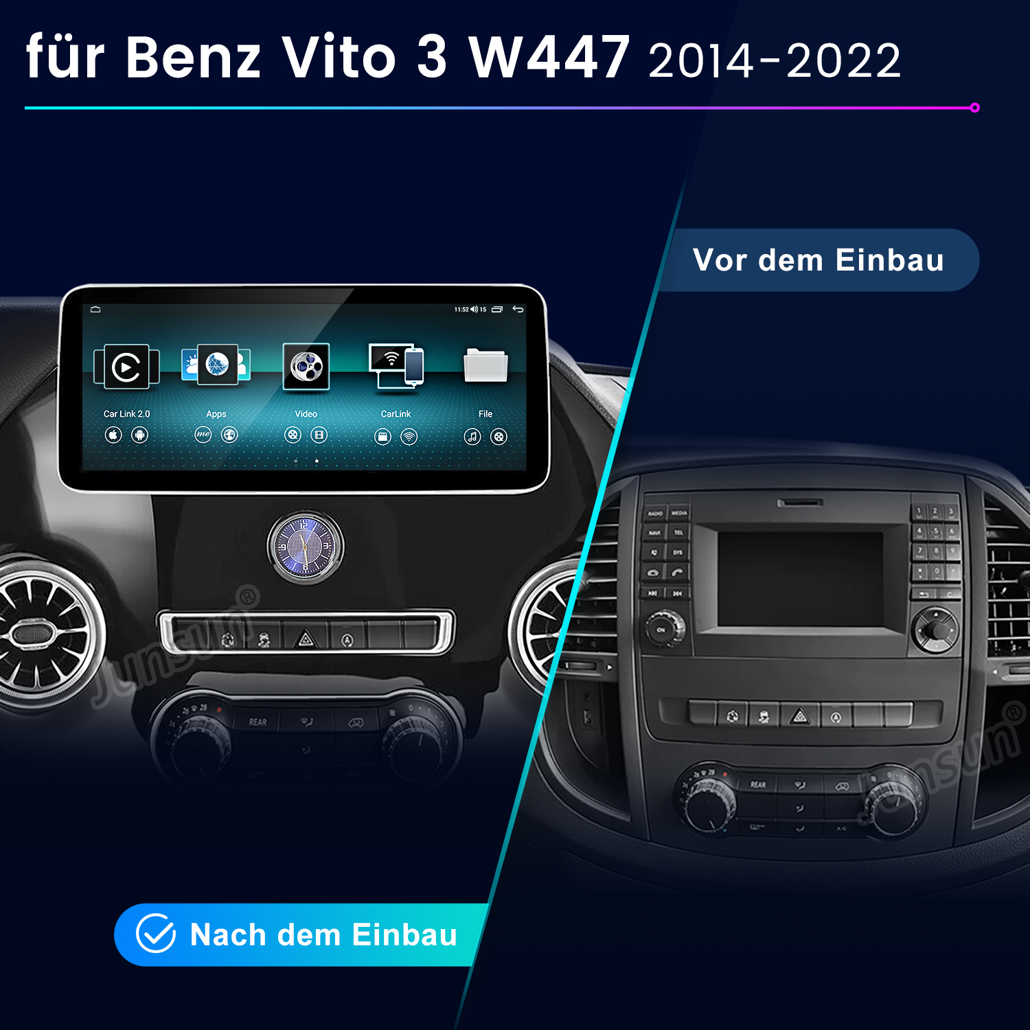 Vergleich eines Benz Vito W447 Armaturenbretts vor und nach dem Einbau eines Displays.