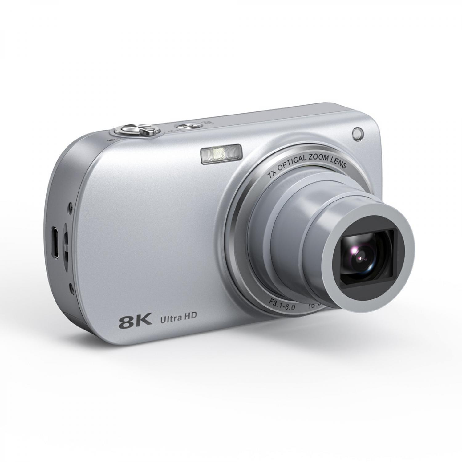 Silberne Digitalkamera mit 7x optischem Zoomobjektiv und 8K Ultra HD.