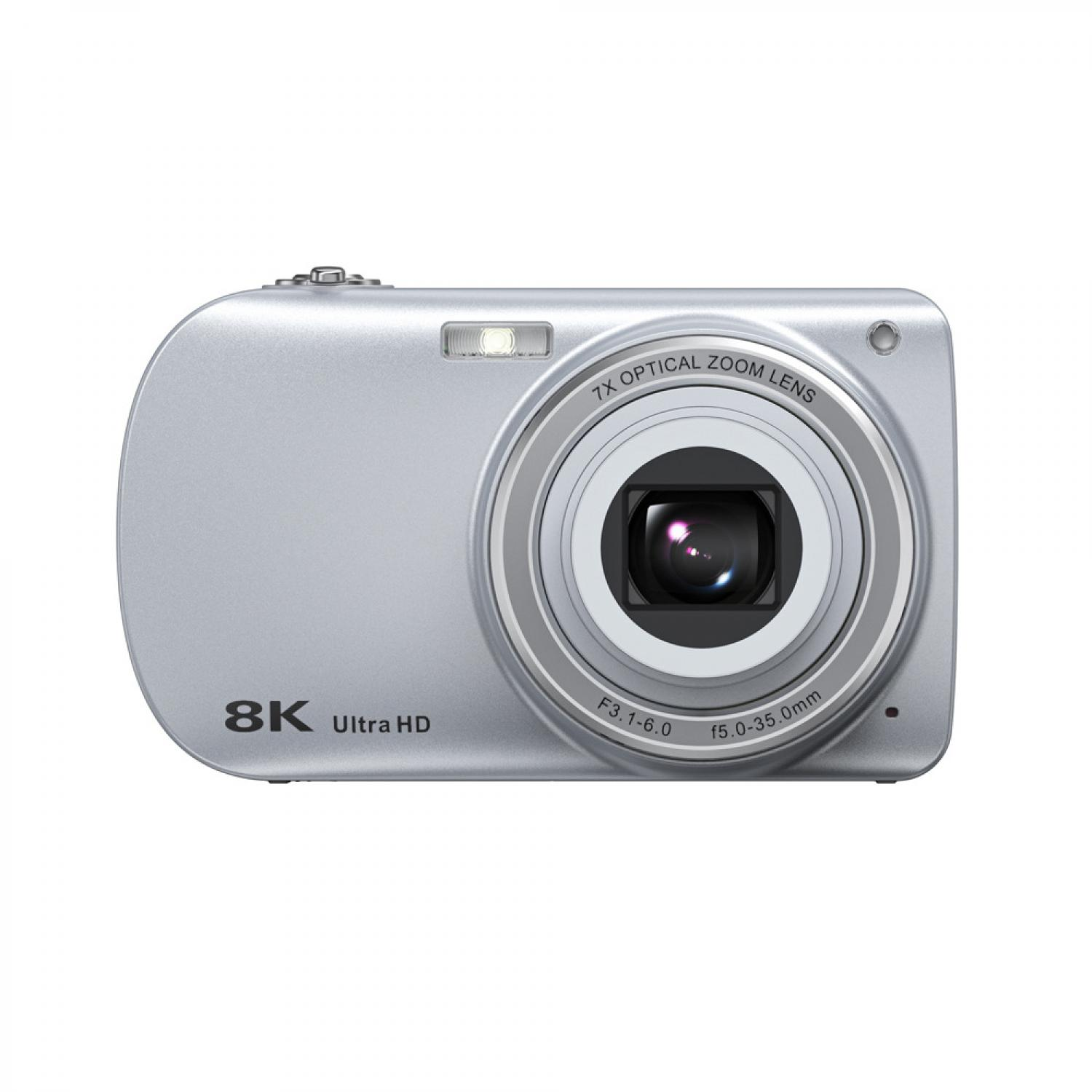 Silberne Digitalkamera mit 8K Ultra HD, 7-fach optischem Zoomobjektiv und Blitz.