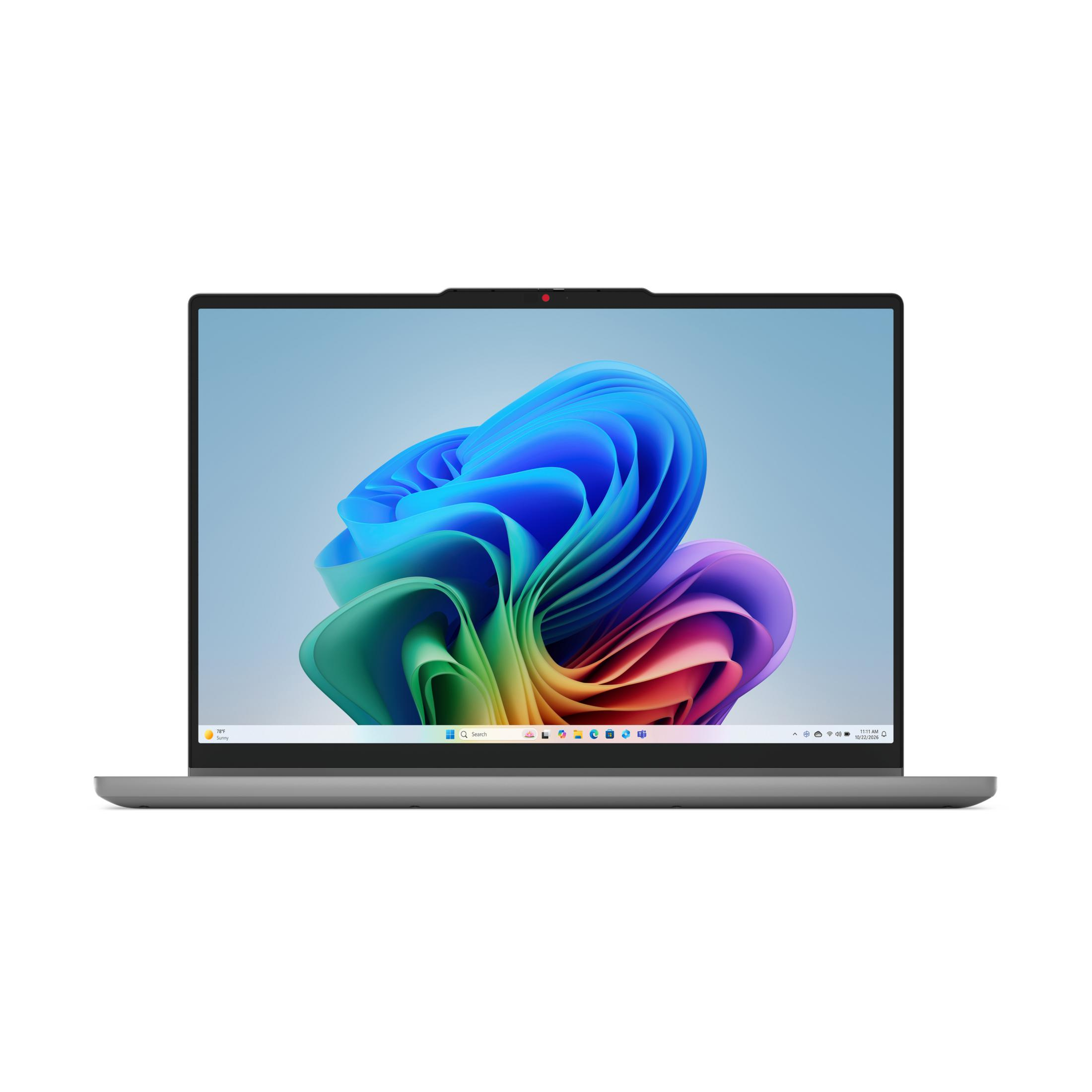 Ein graues Laptop mit einem bunten Hintergrundbild und einer Taskleiste.