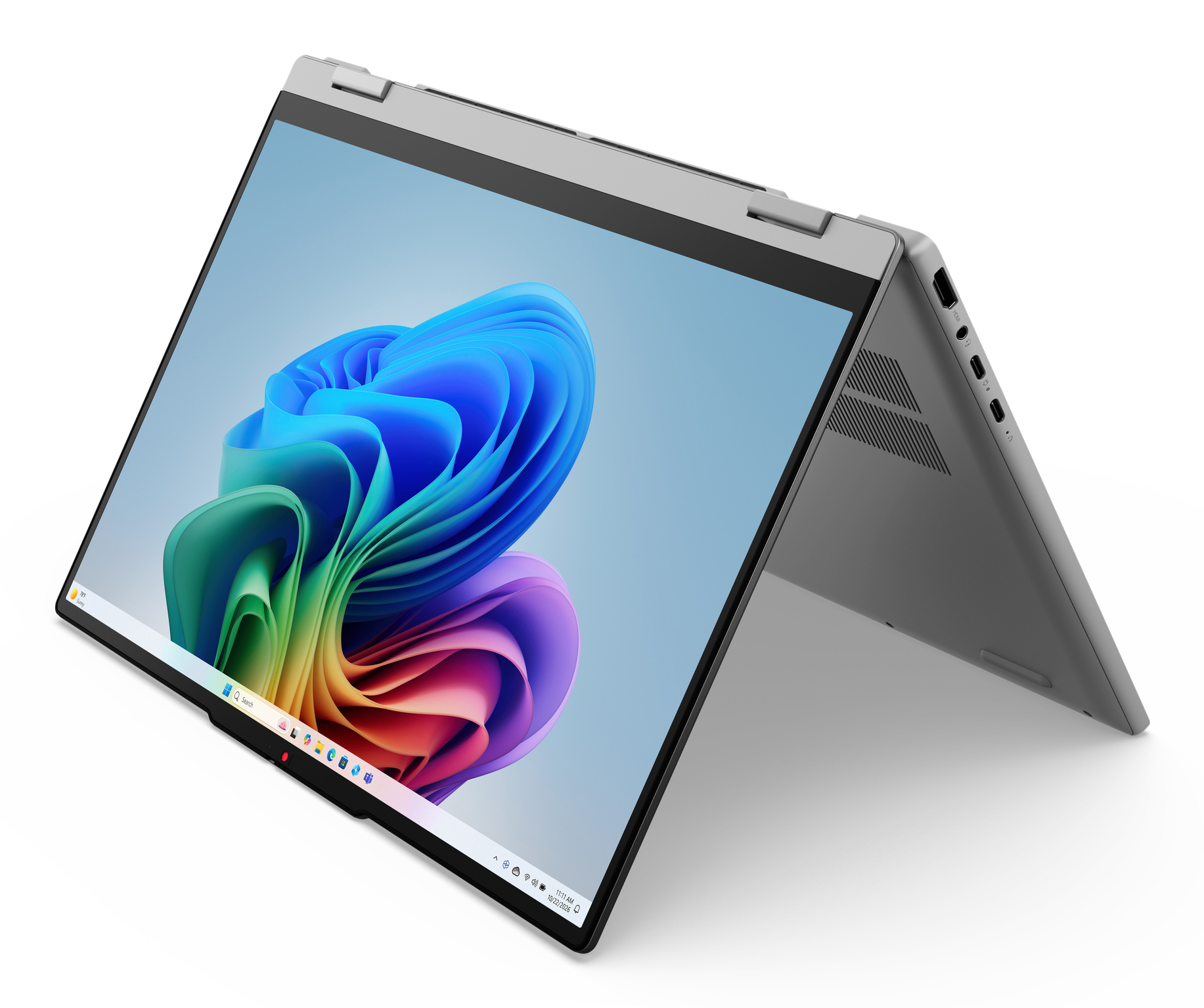 Ein silberner Convertible-Laptop ist geöffnet und zeigt einen farbenfrohen abstrakten Hintergrund.