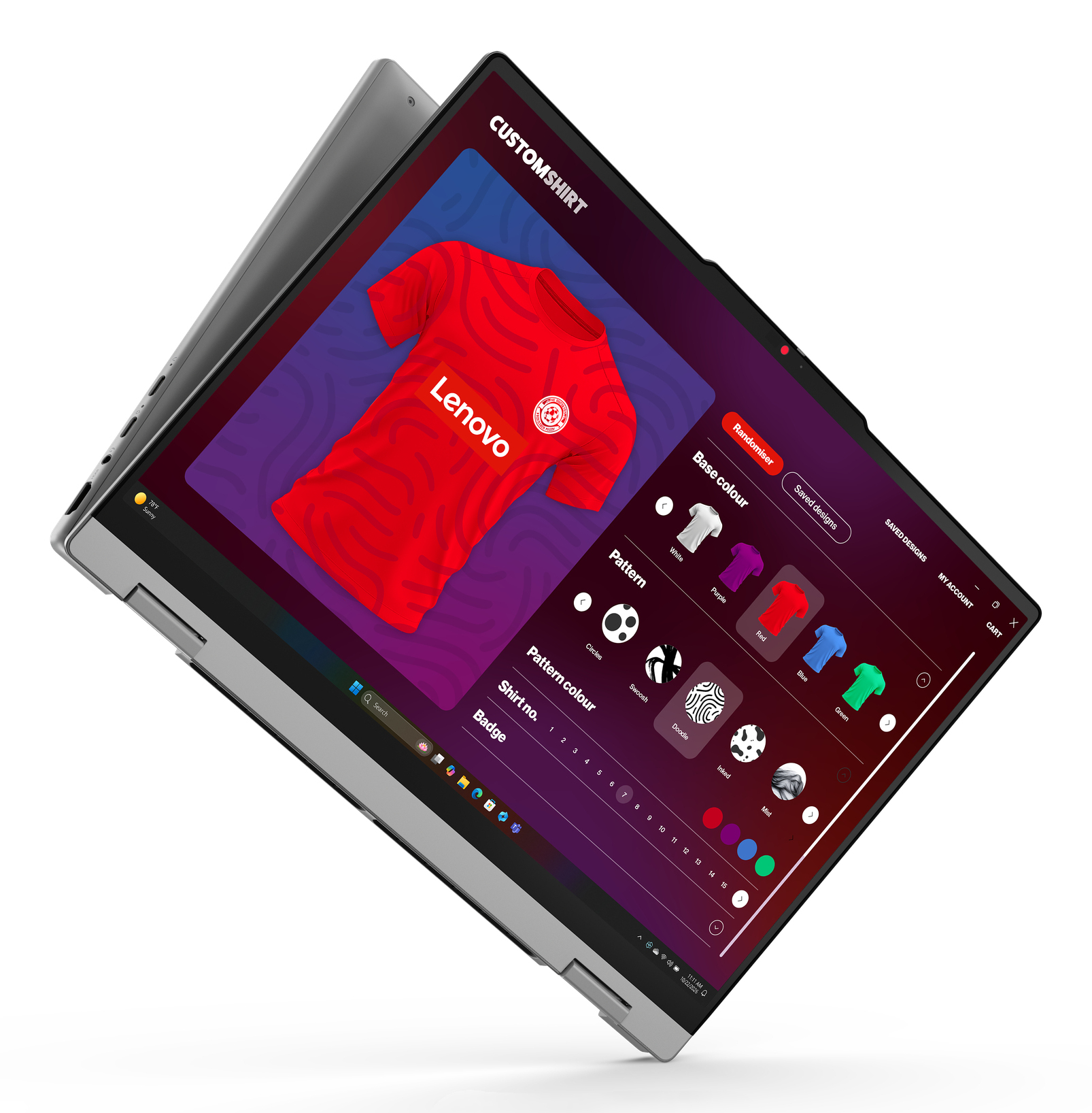 Laptop zeigt eine T-Shirt-Design-App mit rotem Trikot und Anpassungsoptionen.