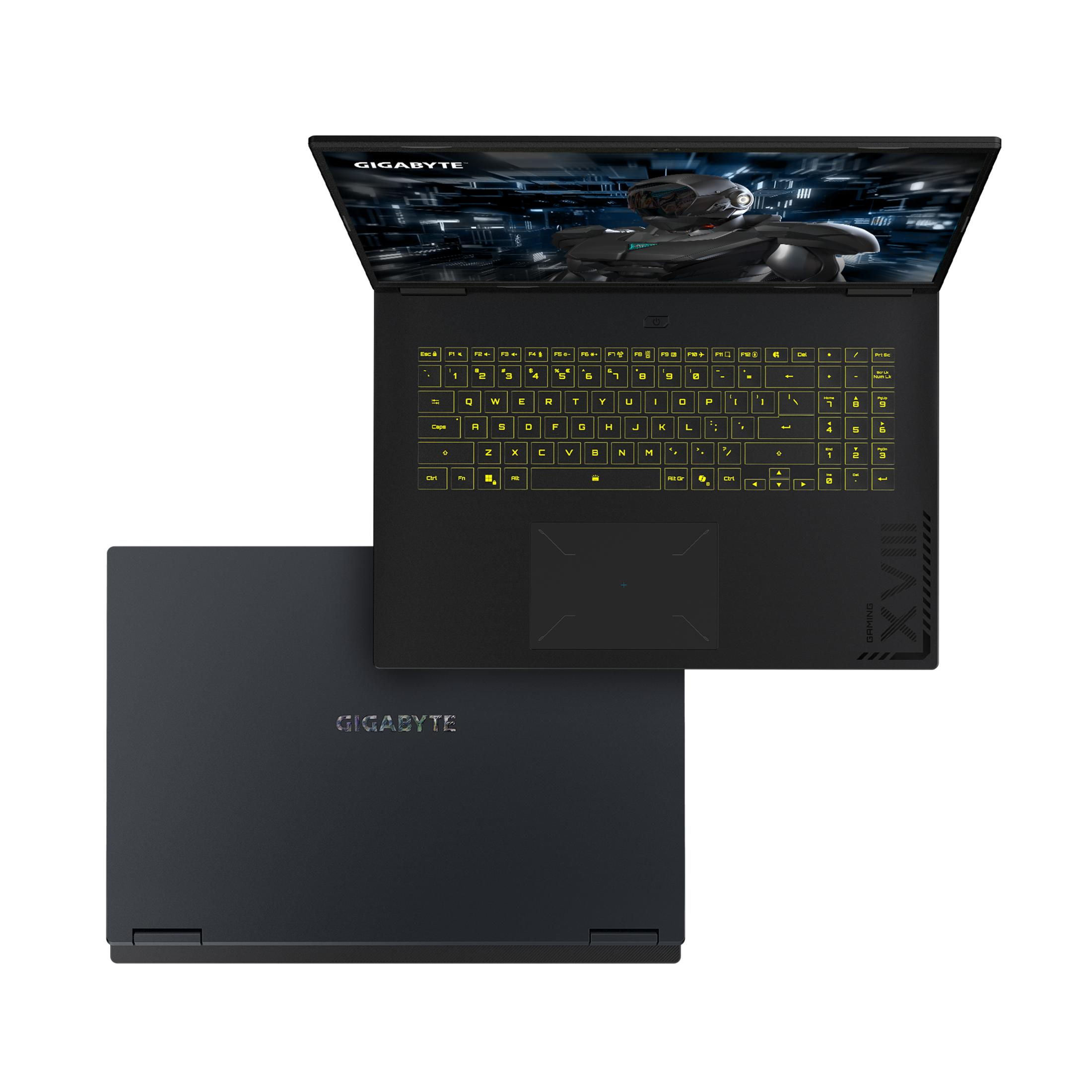 Ein schwarzer Laptop mit beleuchteter Tastatur und Logo.