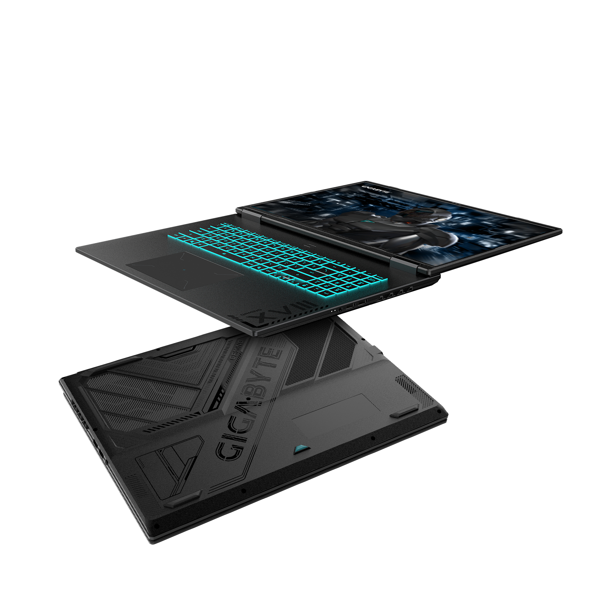 Schwarzer Laptop mit leuchtend türkiser Tastatur und Gigabyte-Logo auf der Unterseite.