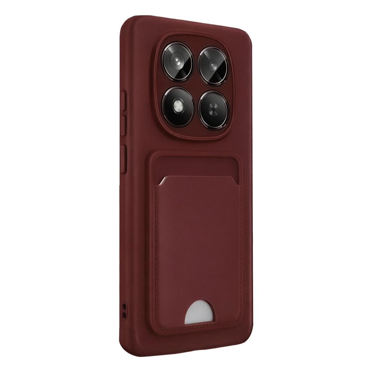 Dört kamera lensli ve arkada kart yuvalı kırmızı telefon kılıfı.