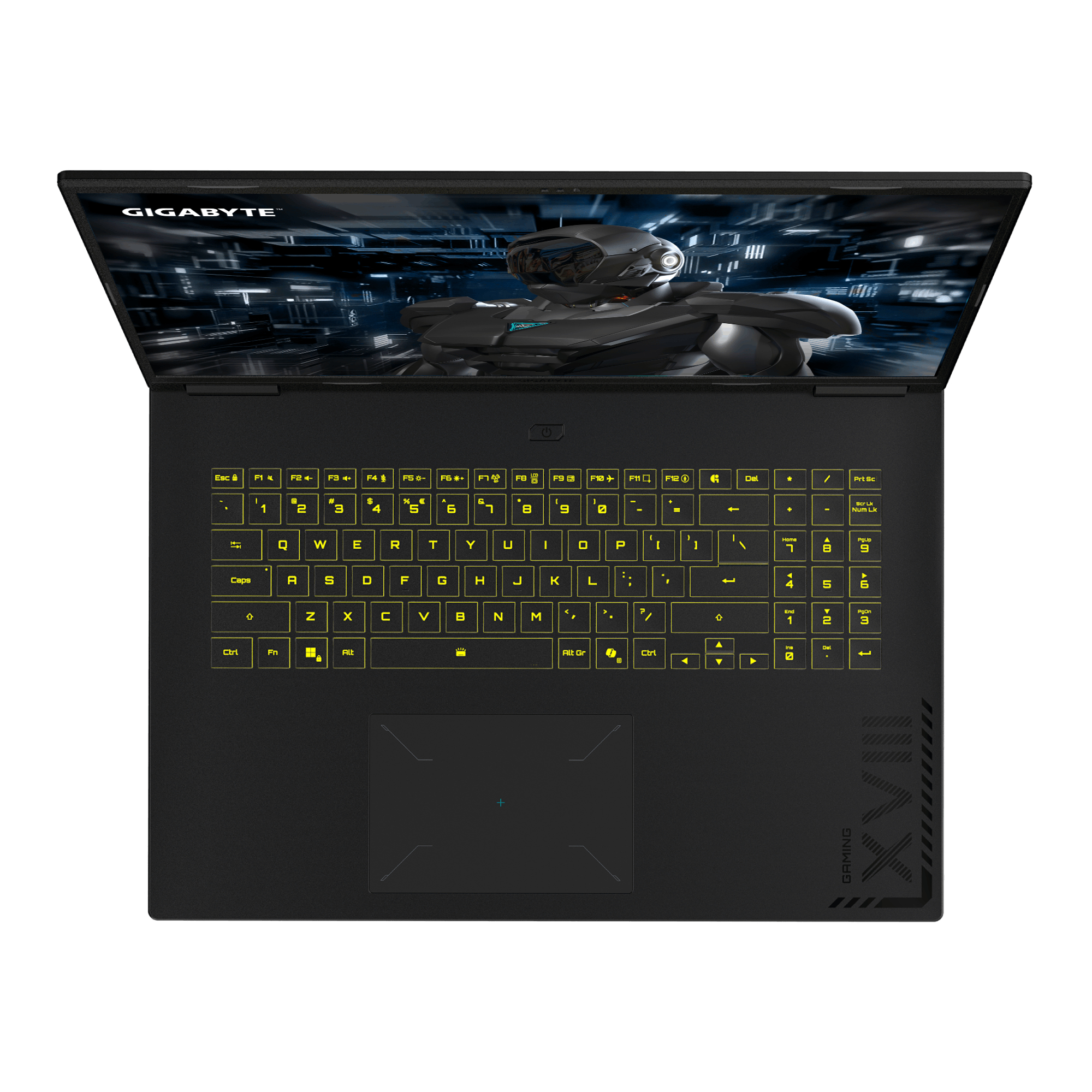 Ein schwarzer Laptop mit beleuchteter Tastatur und einem futuristischen Roboter-Hintergrund.