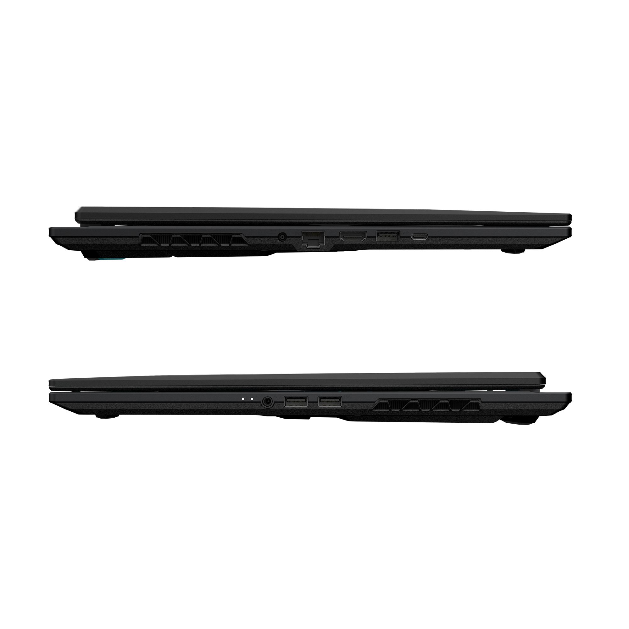 Obere und untere Ansicht eines schwarzen Laptops mit Anschlüssen an den Seiten.