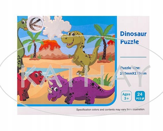 Kolorowe pudełko z puzzlami dinozaurów z wulkanem, palmami, zielonymi i fioletowymi dinozaurami.