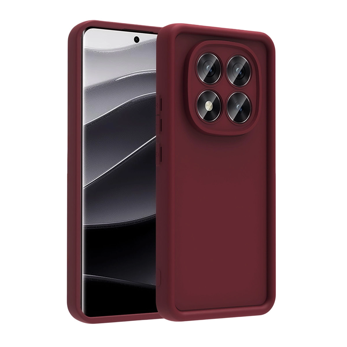 Dört lensli kamera kesimli bordo telefon kılıfı bir akıllı telefonun yanında gösteriliyor.