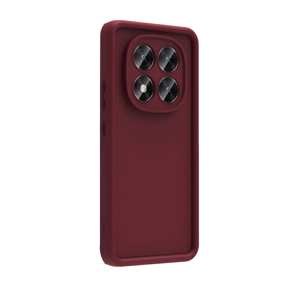 Arkada dört kamera lensi bulunan bordo rengi telefon kılıfı.