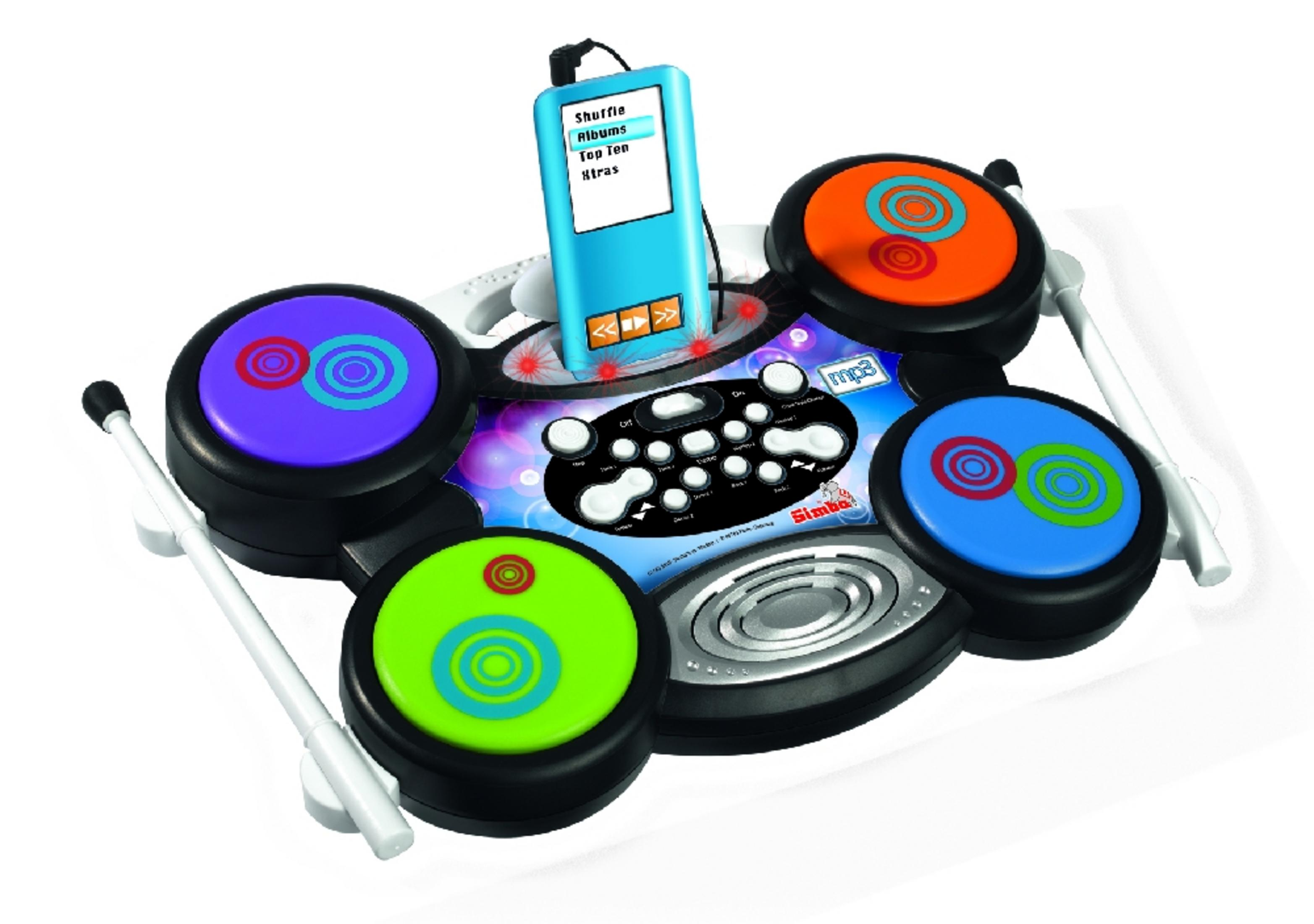 Ein bunter Spielzeug-MP3-Drum-Kit mit Pads in Lila, Grün, Orange und Blau.